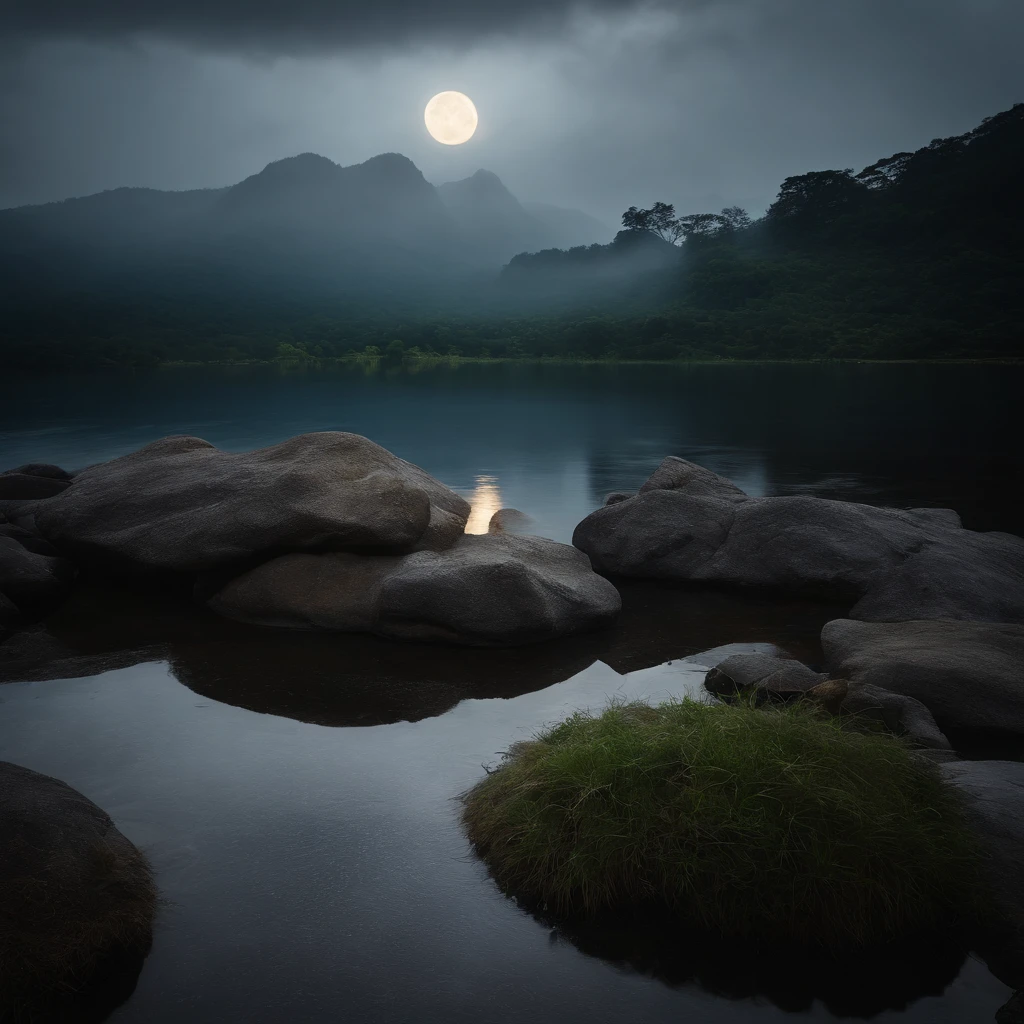 Countryside view,Mid-Autumn Festival night,Full Moon Landscape,The sky is clear at night,Realistic landscape photography of cliff side on top of a rural hill,Professional high-quality nature digital photography,Broad field of view,country scenery,Bushes in the moonlight,Cliffside moonlight 1 white Phalaenopsis orchid,Clear and transparent lake water,Boulders,cobblestones,A majestic,Yamakawa,dead tree,falling leaf,Simple and beautiful,Minimalist,black andwhite+Cyan dark+Dull yellow tones,Beautiful skies,The vision is hazy,Nightmare vision,Dark fantasy plot,perfect compositions,hyper HD,8K分辨率,the detail,Rain trails,dampness,water stain,Ultra-wide-angle long-range shooting,Jack Guzman's environmental art photography,realisticlying,cinematic compositions,Volumetriclighting,vividness, A detailed, stunning skies, Colorful clouds float,true to life, Pubic area is clear, flawless perfection, Digital SLR, 16k, 1024, 2048, 4096, A detailed, Sharp, best qualtiy, high qulity, absurderes,unmanned background,The is very detailed、Detailed lighting shadows,Trends on ArtStation、iintricate、high detal、dramatics、Midjourney Art,hdr shot。(Faraway view,Super deep view,ultra-wide-angle,Microfocal length lens:1.2)(realisticlying:1.4)tmasterpiece、high high quality、Beautiful photography