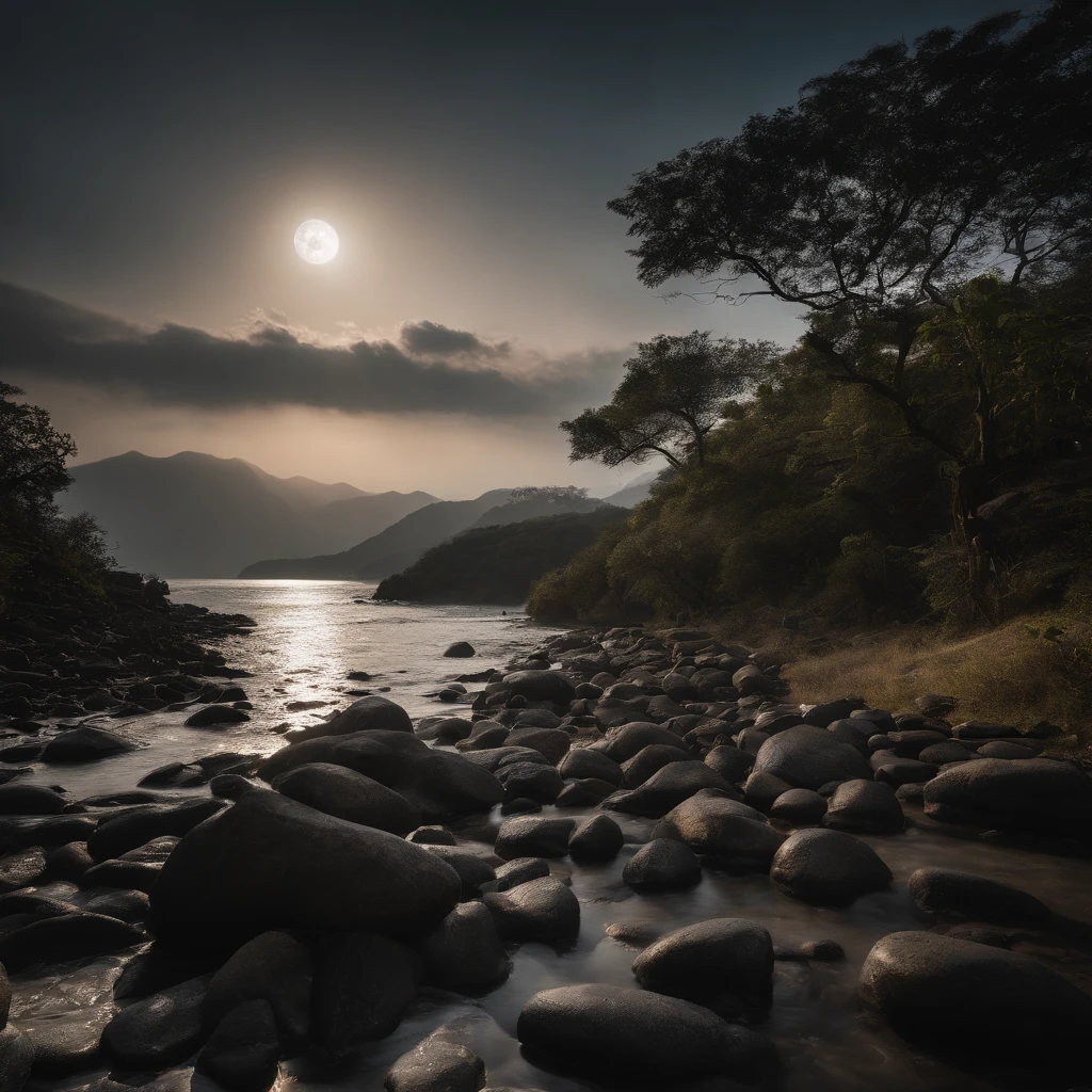 Countryside view，Mid-Autumn Festival night，Full Moon Landscape，The sky is clear at night，Realistic landscape photography of cliff side on top of a rural hill，Professional high-quality nature digital photography，Broad field of view，country scenery，Bushes in the moonlight，Cliffside moonlight 1 white Phalaenopsis orchid，Clear and transparent lake water，Boulders，cobblestones，A majestic，Yamakawa，dead tree，falling leaf，Simple and beautiful，Minimalist，black andwhite+Cyan dark+Dull yellow tones，Beautiful skies，The vision is hazy，Nightmare vision，Dark fantasy plot，perfect compositions，hyper HD，8K分辨率，the detail，Rain trails，dampness，water stain，Ultra-wide-angle long-range shooting，Jack Guzman's environmental art photography，realisticlying，cinematic compositions，Volumetriclighting，vividness, A detailed, stunning skies, Colorful clouds float，true to life, Pubic area is clear, flawless perfection, Digital SLR, 16k, 1024, 2048, 4096, A detailed, Sharp, best qualtiy, high qulity, absurderes，unmanned background，The is very detailed、Detailed lighting shadows，Trends on ArtStation、iintricate、high detal、dramatics、Midjourney Art，hdr shot。（Faraway view，Super deep view，ultra-wide-angle，Microfocal length lens：1.2）（realisticlying：1.4）tmasterpiece、high high quality、Beautiful photography