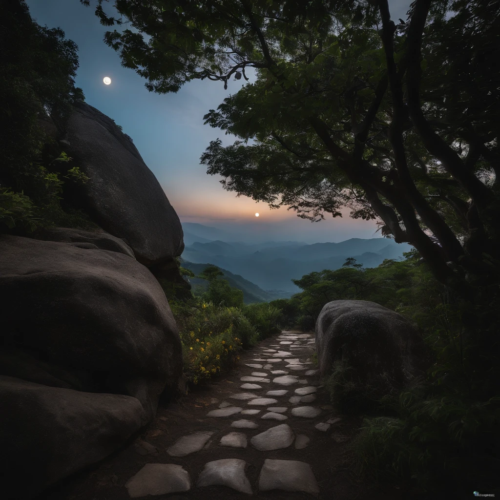 Countryside view，Mid-Autumn Festival night，Full Moon Landscape，The sky is clear at night，Realistic landscape photography of cliff side on top of a rural hill，Professional high-quality nature digital photography，Broad field of view，country scenery，Bushes in the moonlight，Cliffside moonlight 1 white Phalaenopsis orchid，Clear and transparent lake water，Boulders，cobblestones，A majestic，Yamakawa，dead tree，falling leaf，Simple and beautiful，Minimalist，black andwhite+Cyan dark+Dull yellow tones，Beautiful skies，The vision is hazy，Nightmare vision，Dark fantasy plot，perfect compositions，hyper HD，8K分辨率，the detail，Rain trails，dampness，water stain，Ultra-wide-angle long-range shooting，Jack Guzman's environmental art photography，realisticlying，cinematic compositions，Volumetriclighting，vividness, A detailed, stunning skies, Colorful clouds float，true to life, Pubic area is clear, flawless perfection, Digital SLR, 16k, 1024, 2048, 4096, A detailed, Sharp, best qualtiy, high qulity, absurderes，unmanned background，The is very detailed、Detailed lighting shadows，Trends on ArtStation、iintricate、high detal、dramatics、Midjourney Art，hdr shot。（Faraway view，Super deep view，ultra-wide-angle，Microfocal length lens：1.2）（realisticlying：1.4）tmasterpiece、high high quality、Beautiful photography