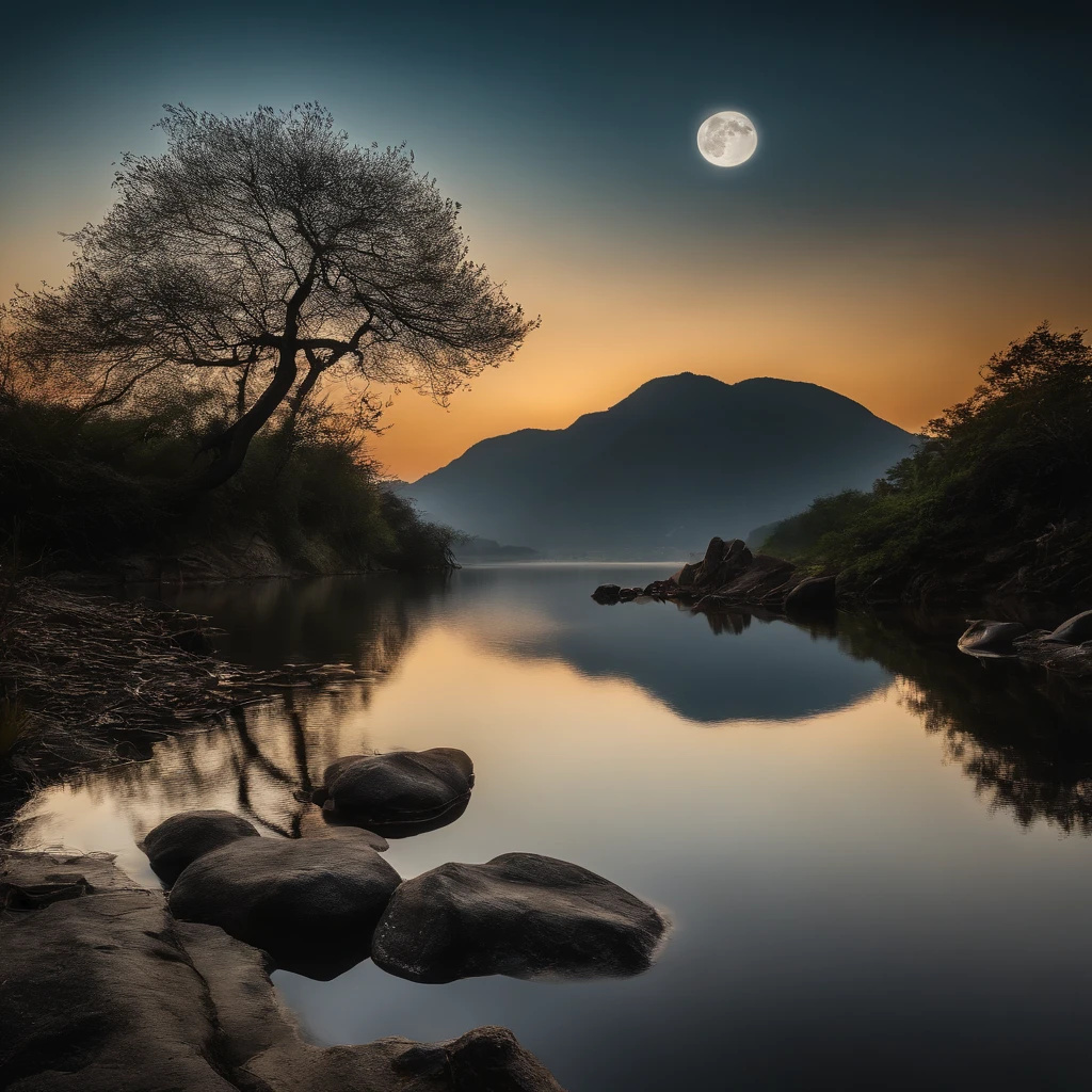 Countryside view,Mid-Autumn Festival night,Full Moon Landscape,The sky is clear at night,Realistic landscape photography of cliff side on top of a rural hill,Professional high-quality nature digital photography,Broad field of view,country scenery,Bushes in the moonlight,Cliffside moonlight 1 white Phalaenopsis orchid,Clear and transparent lake water,Boulders,cobblestones,A majestic,Yamakawa,dead tree,falling leaf,Simple and beautiful,Minimalist,black andwhite+Cyan dark+Dull yellow tones,Beautiful skies,The vision is hazy,Nightmare vision,Dark fantasy plot,perfect compositions,hyper HD,8K分辨率,the detail,Rain trails,dampness,water stain,Ultra-wide-angle long-range shooting,Jack Guzman's environmental art photography,realisticlying,cinematic compositions,Volumetriclighting,vividness, A detailed, stunning skies, Colorful clouds float,true to life, Pubic area is clear, flawless perfection, Digital SLR, 16k, 1024, 2048, 4096, A detailed, Sharp, best qualtiy, high qulity, absurderes,unmanned background,The is very detailed、Detailed lighting shadows,Trends on ArtStation、iintricate、high detal、dramatics、Midjourney Art,hdr shot。(Faraway view,Super deep view,ultra-wide-angle,Microfocal length lens:1.2)(realisticlying:1.4)tmasterpiece、high high quality、Beautiful photography