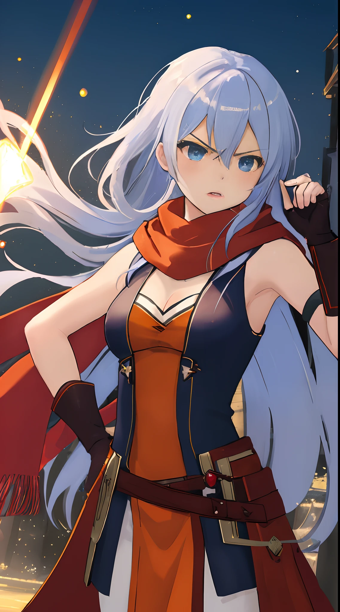 (masterpiece, best quality:1.3), a beautiful photograph of micaiah fe, 1girl, red_scarf, breasts, ((orange_gloves)), elbow_gloves, fingerless_gloves, floating_hair, gloves, jacket, long_hair, red_kimono, scarf, white_hair, sleeveless, sleeveless_jacket, small_breasts, solo, standing, very_long_hair, blue_eyes, magic, (angry, determined), light flare, light particles,