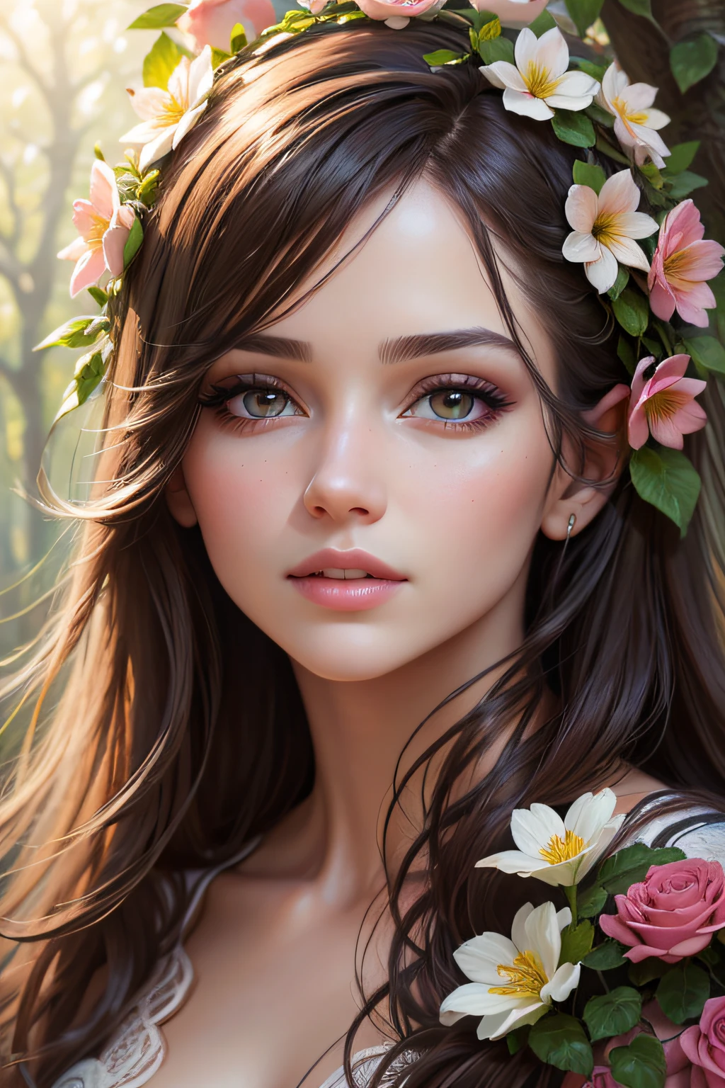 Stunning cottage girl, loose curled hair, wearing a white gown or dress, flat chest, happy expression, symmetrical face, symmetrical eyes, photorealistic, floral, soft pastel colours, intricate, path tracing, illustration, highly detailed, direct sunlight on face, indirect path traced sunlight on face