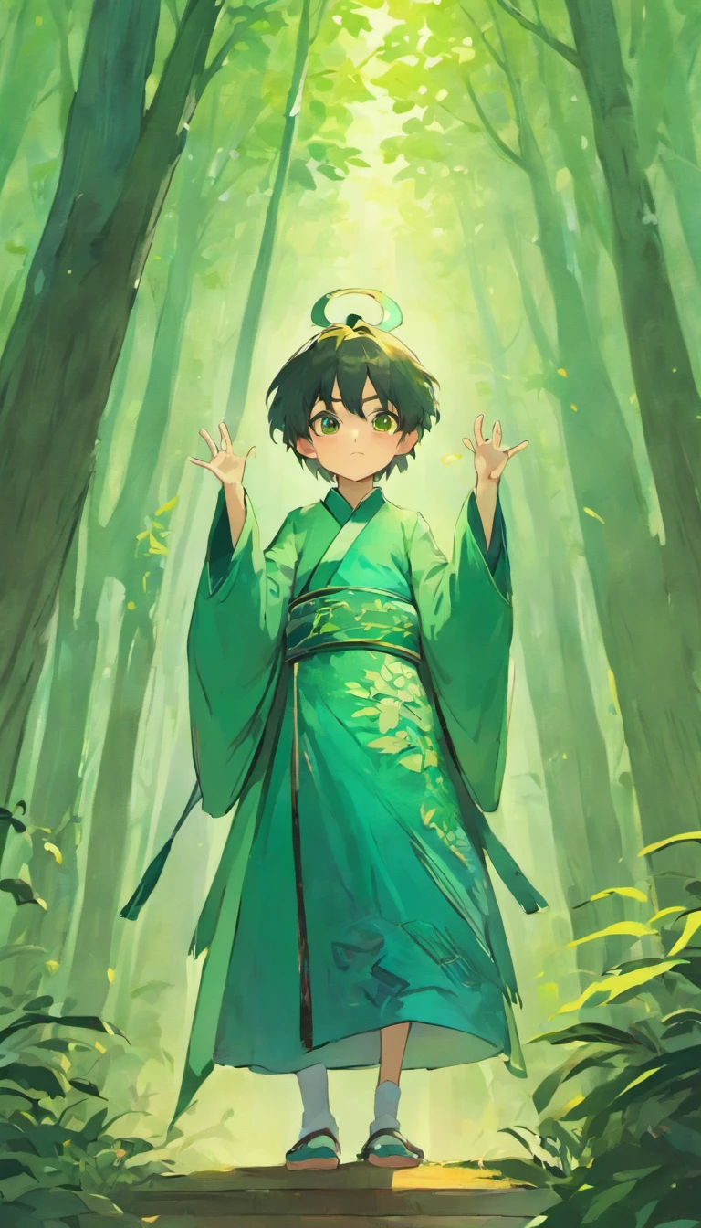 A young boy wearing traditional Chinese Taoist clothing。Wearing an indigo robe,Wearing a Chinese Taoist hat。cuteexpression,Eyes shining,With a slight smile。The other hand is raised in a mysterious gesture,It's as if you're learning Taoist magic。The background is a mysterious mountain forest,It is surrounded by mist and emerald green trees。