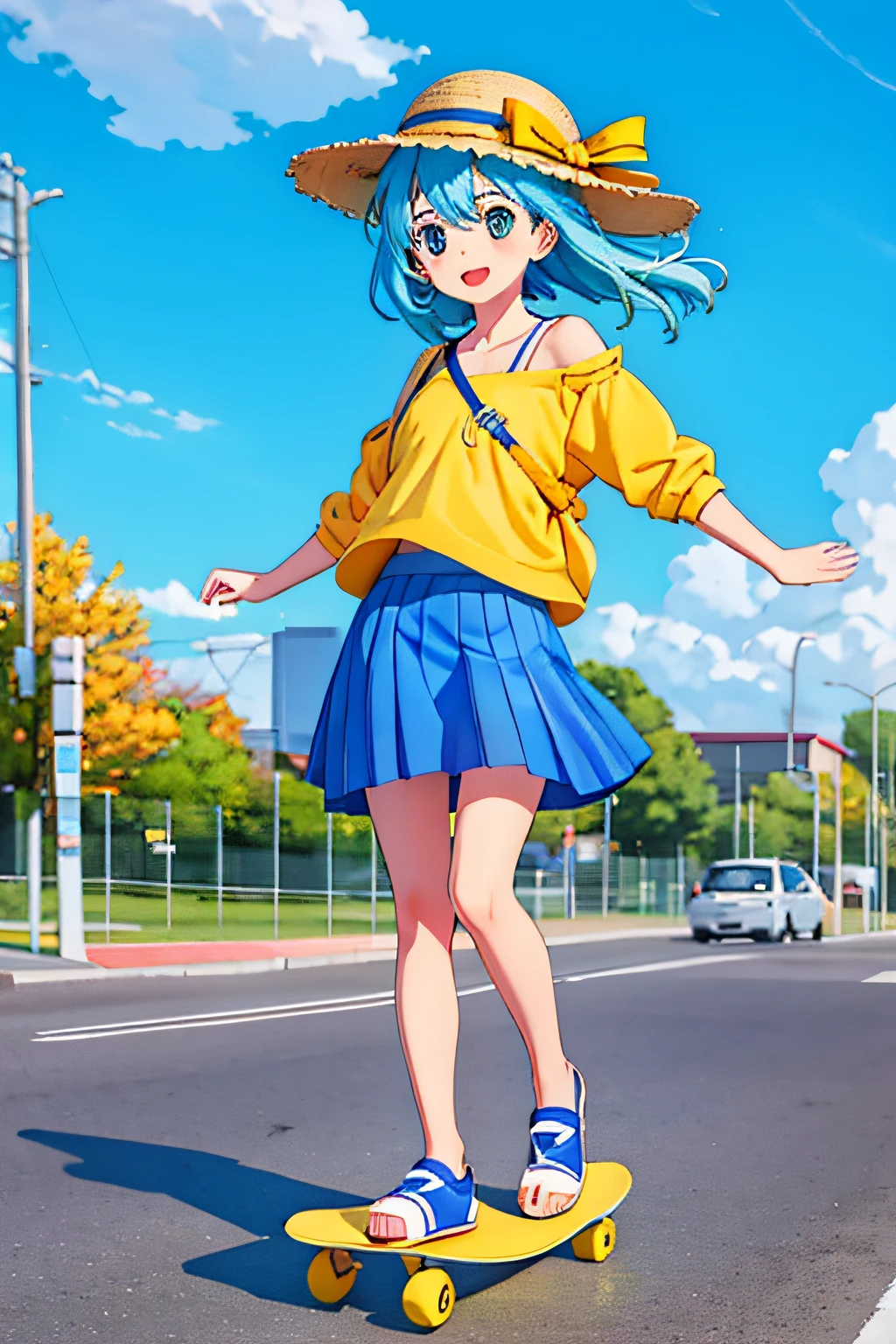 A cute  friend，Wear a blue strap skirt，Wear a yellow hat，Foot skateboard，The wind blows hair