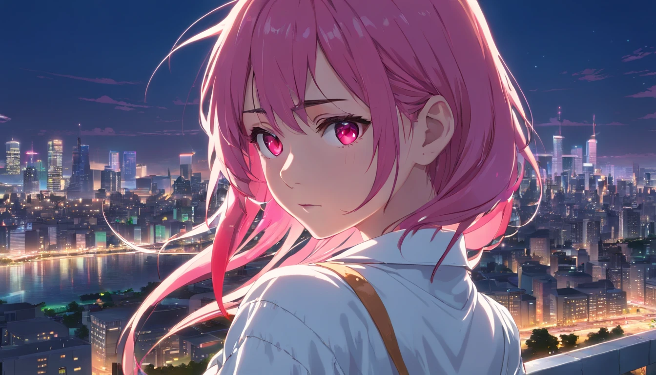 1girl in, Solo, Lori, Petite, (very_long_hair), (Pink_hair:1.2), Braids, (Red_Eyes), Medium_breasts, (white_Shirt:1.5), (windbreaker), (Off_Shoulder:1.2),Neck tightening composition、Depressive sensations、Dark imagery、teens girl、Face only、sadness、painful、frontage、Looking over here, (Portrait), blazing_Eyes, Background_light, (Cityscape:1.5), (neons_A light:1.2), (shushing:1.2),(scienc), Cyberpunk, ((masutepiece)), (hight resolution), (best_quality), (highly_Detailed), (Original),(Delicate background),(Very detailed 8k wallpaper),Cinematic lighting, Volume Lighting, light Particle, Shaded_Face, Beautiful_Detailed_Eyes, Depth_in the_field, Perspective,