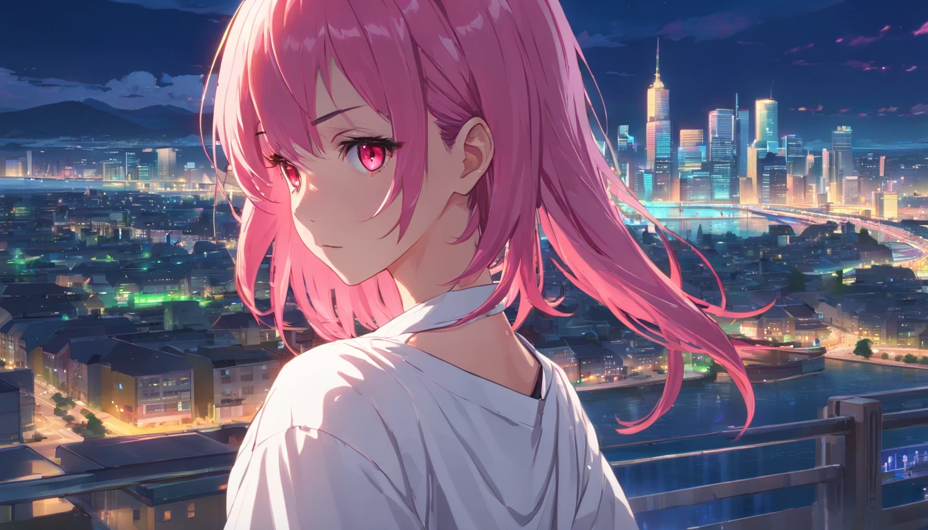 1girl in, Solo, Lori, Petite, (very_long_hair), (Pink_hair:1.2), Braids, (Red_Eyes), Medium_breasts, (white_Shirt:1.5), (windbreaker), (Off_Shoulder:1.2),Neck tightening composition、Depressive sensations、Dark imagery、s girl、Face only、sadness、painful、frontage、Looking over here, (Portrait), blazing_Eyes, Background_light, (Cityscape:1.5), (neons_A light:1.2), (shushing:1.2),(scienc), Cyberpunk, ((masutepiece)), (hight resolution), (best_quality), (highly_Detailed), (Original),(Delicate background),(Very detailed 8k wallpaper),Cinematic lighting, Volume Lighting, light Particle, Shaded_Face, Beautiful_Detailed_Eyes, Depth_in the_field, Perspective,