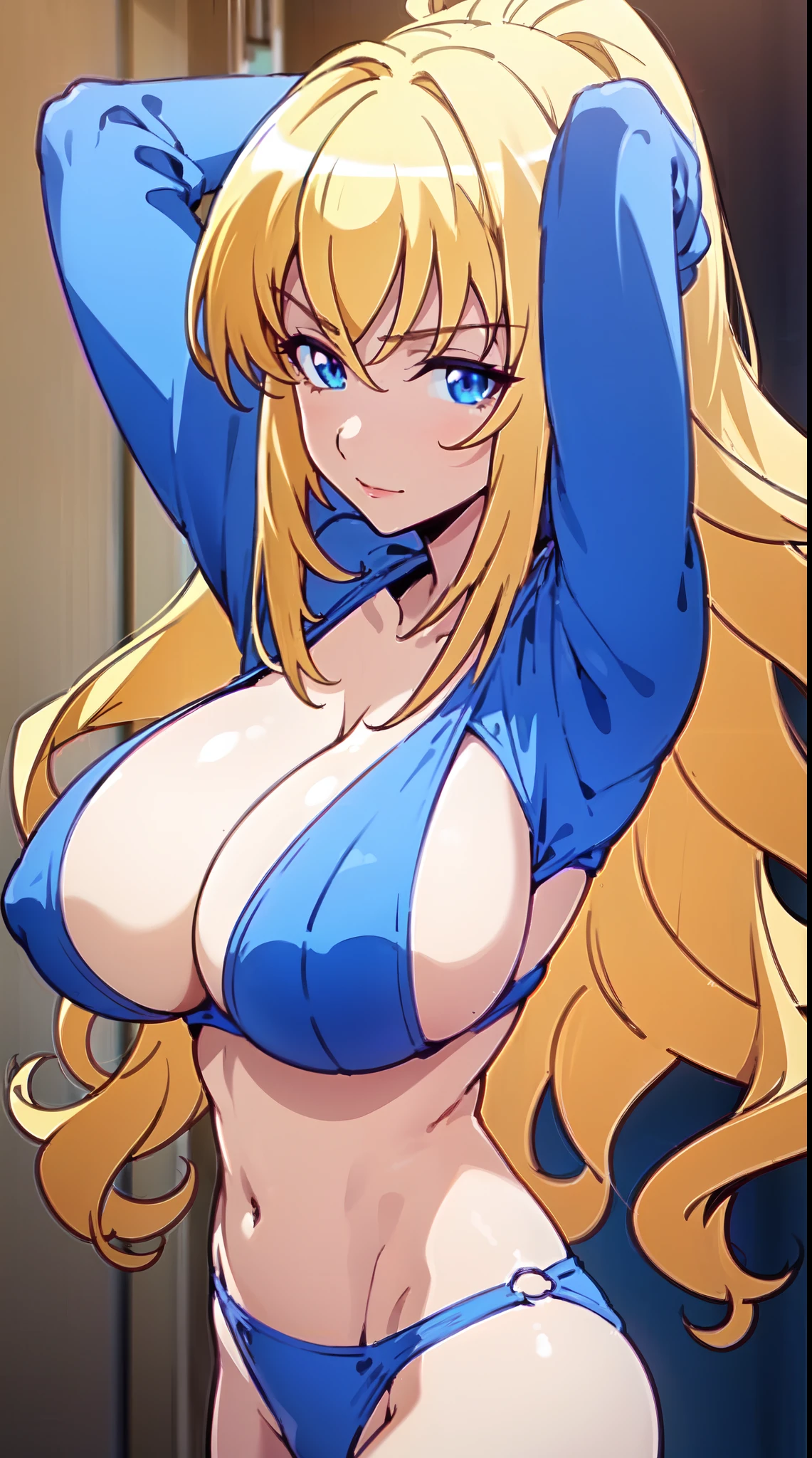 " ((All  briefs body visible)), (arms above head),("dark blue briefs and bra "),(love room night day),(beautiful anime specific eyes), (long blonde wavy hair),(looking at viewer),(very huge tits),(masterpiece anime face ),(1girl),(realistic), (masterpiece eyes detailed) "