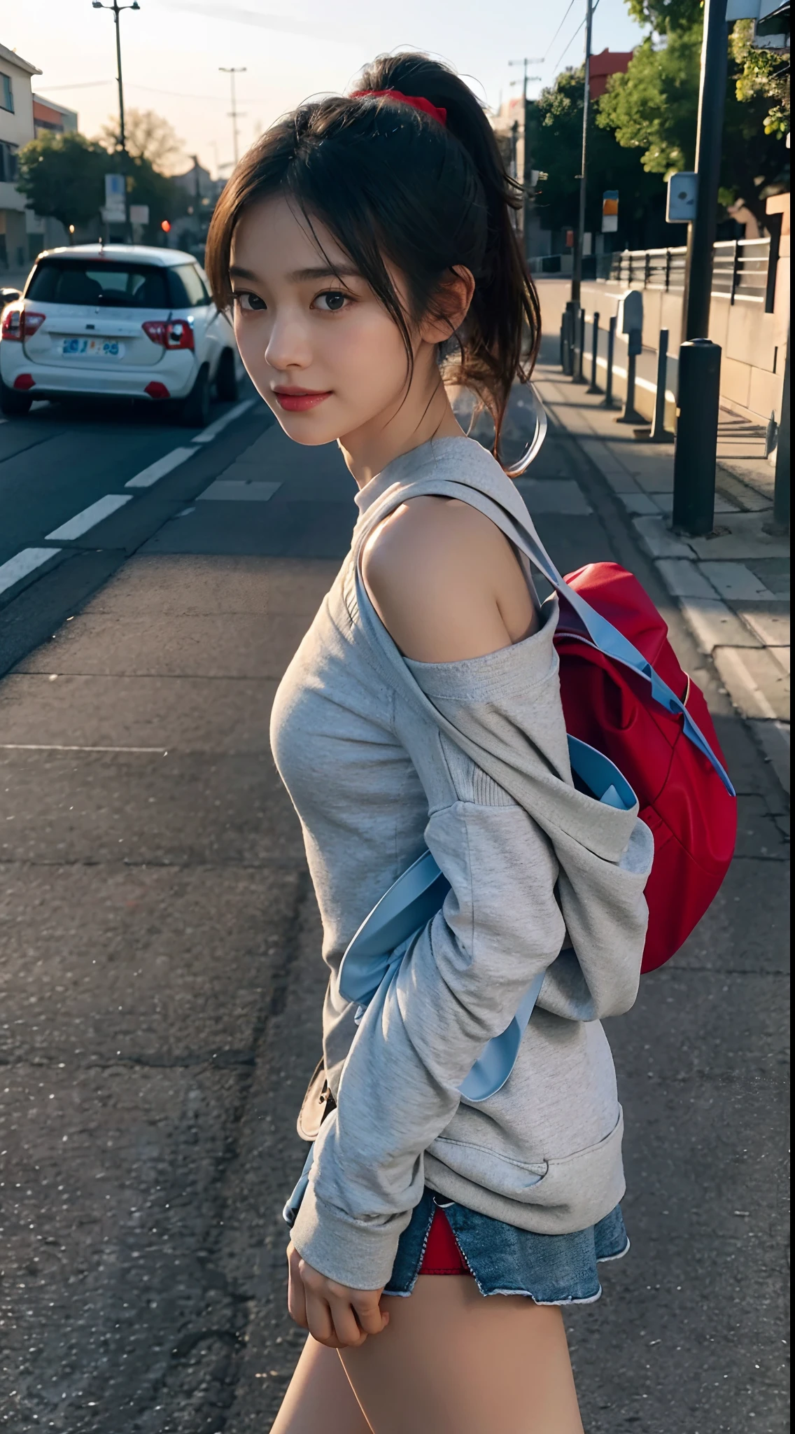 (shoulder length straight short black hair: 1.3), （Extremely meticulous CG 8k wallpaper），（Extremely refined and beautiful），（Masterpiece），（best qualtiy：1.0），（Ultra High Resolution：1.0），beautiful light up，Perfect lightning，realistic shaded，[A high resolution]，Smooth and flawless fair skin，Extremely exquisite facial details，（perfect body：1.1），ultra - detailed，A beautiful girl，small head，(Small breasts:1.1)，Flat chests，slim，thin，Smile，cheerfulness，(Maxi long-sleeve round-neck beige sweatshirt:1.5），（Light gray mini shorts:1.3),Slender legs,(White socks, light blue slippers:1.3),autumn，Dusk,Sunset light，Close Shot，Surrounded by a crowded crowd，At the school gate，Crossing the road, running,(short ponytail:1.2)sideways,（Light blue medical mask：1.3),(Carrying a red schoolbag on shoulder:1.5)