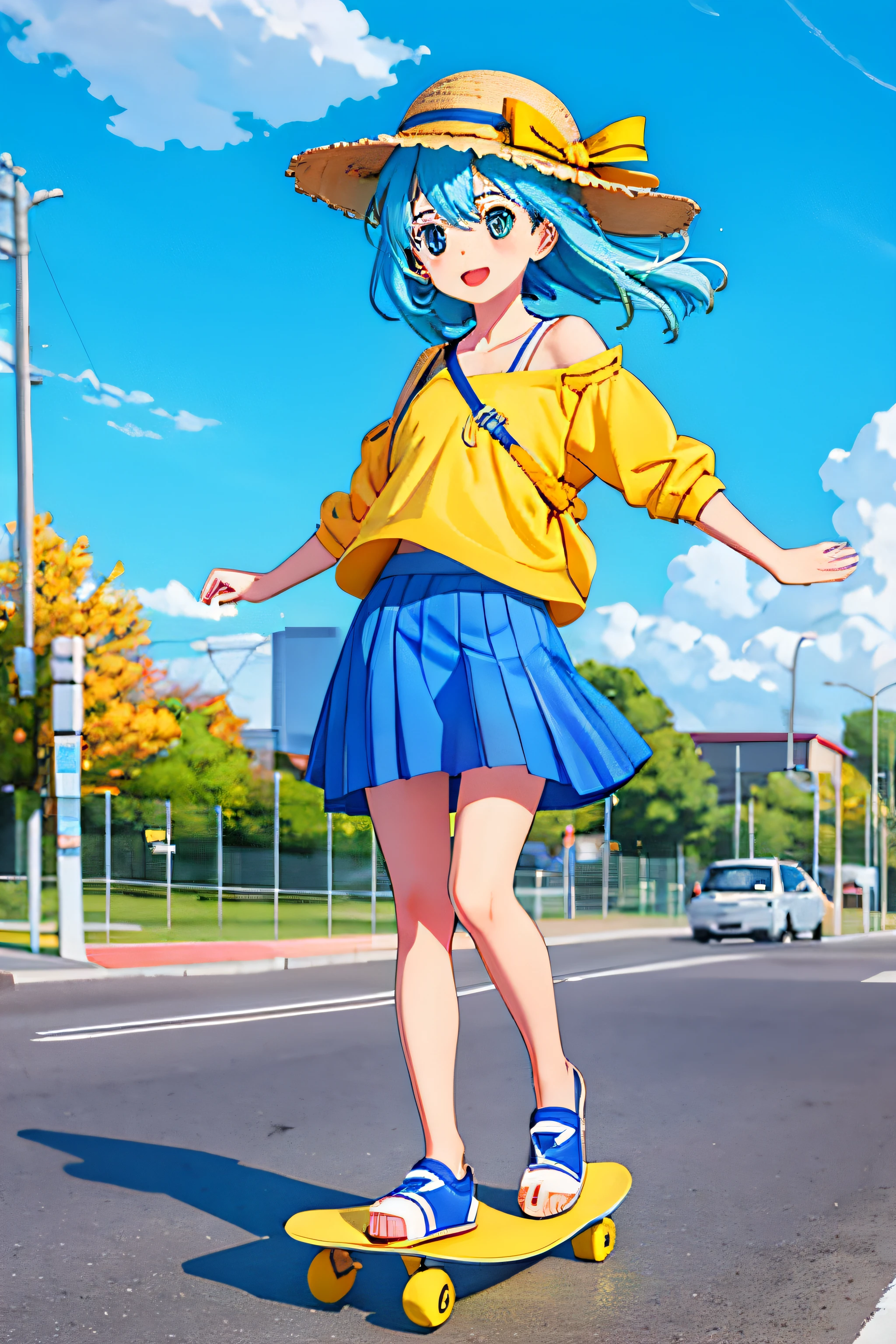 A cute little friend,Wear a blue strap skirt,Wear a yellow hat,Foot skateboard,The wind blows hair