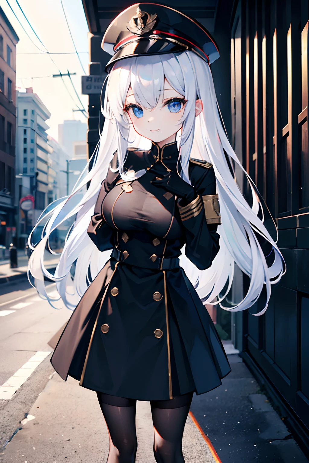 masutepiece、top-quality、ultra-detailliert、Unreal、absurderes、One girl、Ultra-short stature、ultra gigantic tits、A slender、limbs are thin、cool、white long hair、The girl's hair is much longer than her height、Hair long enough to touch the ground、Hair long enough to drag、Blue eyes、Military Uniform、long black skirt、Black tights、black glove、I'm wearing a military cap、street corner、Soft and gentle lighting、A slight smil、