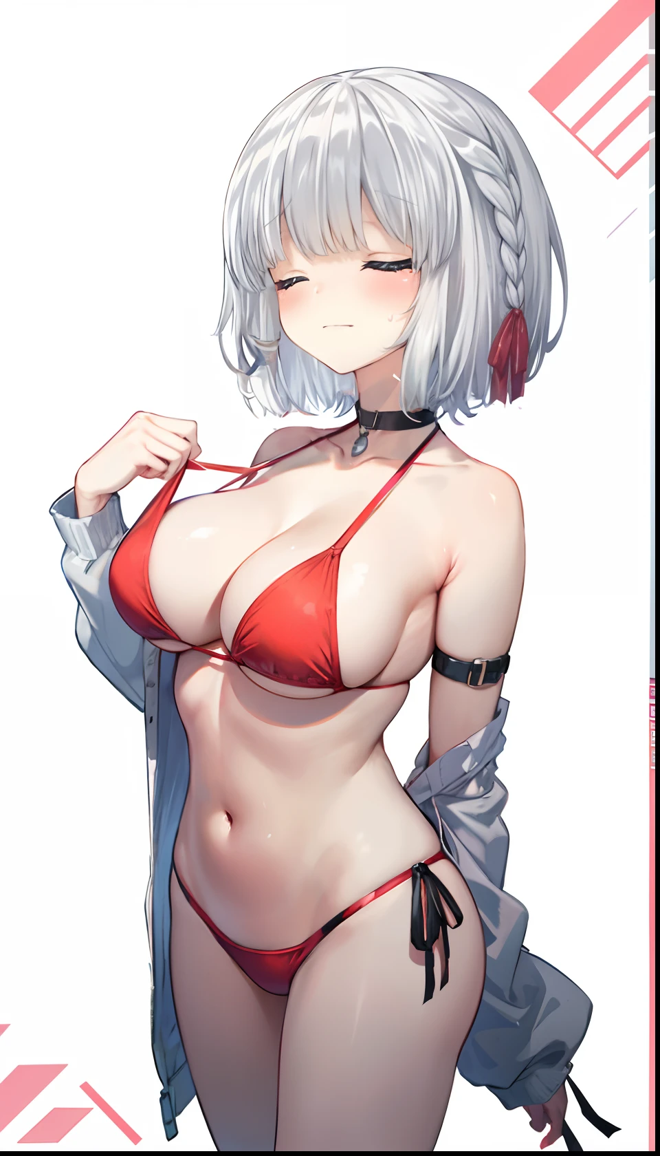 Red bikini、Colossal tits、(((​masterpiece)))、(top-quality)、tre anatomically correct、(Best Quality:1.3), Large breasts, cleavage, shinny skin、silber hair、Soft skin、shorth hair、an anime girl、Bare arms、bared legs、a choker、Put your arms together、Bring your chest together、short-haired