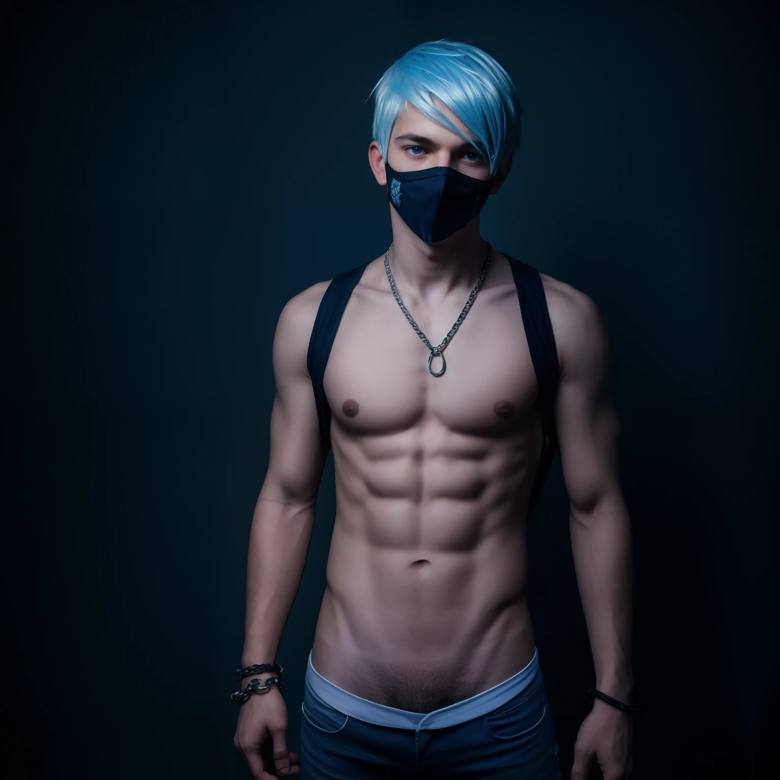  male posing, bottomless, skinny body, atmospheric, cute face, blue white hair, mask, dead inside, plaid shirt, dark lighting, hand at head, chainlet