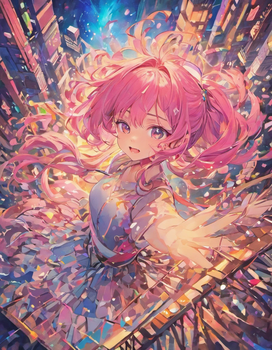 ((masterpiece:1.2, best quality)), ultra detailed, Ultra-precise depiction, Ultra-detailed depiction, (zentangle:1.2), (dynamic pose), (abstract background:1.5), wavy long hair, pink hair, 1girl, colorful, portrait, (from above:1.2)