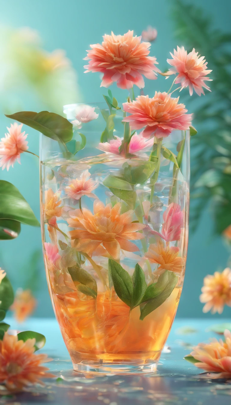 Close-up transparent water cup in the middle surrounded by a floral and botanical environment