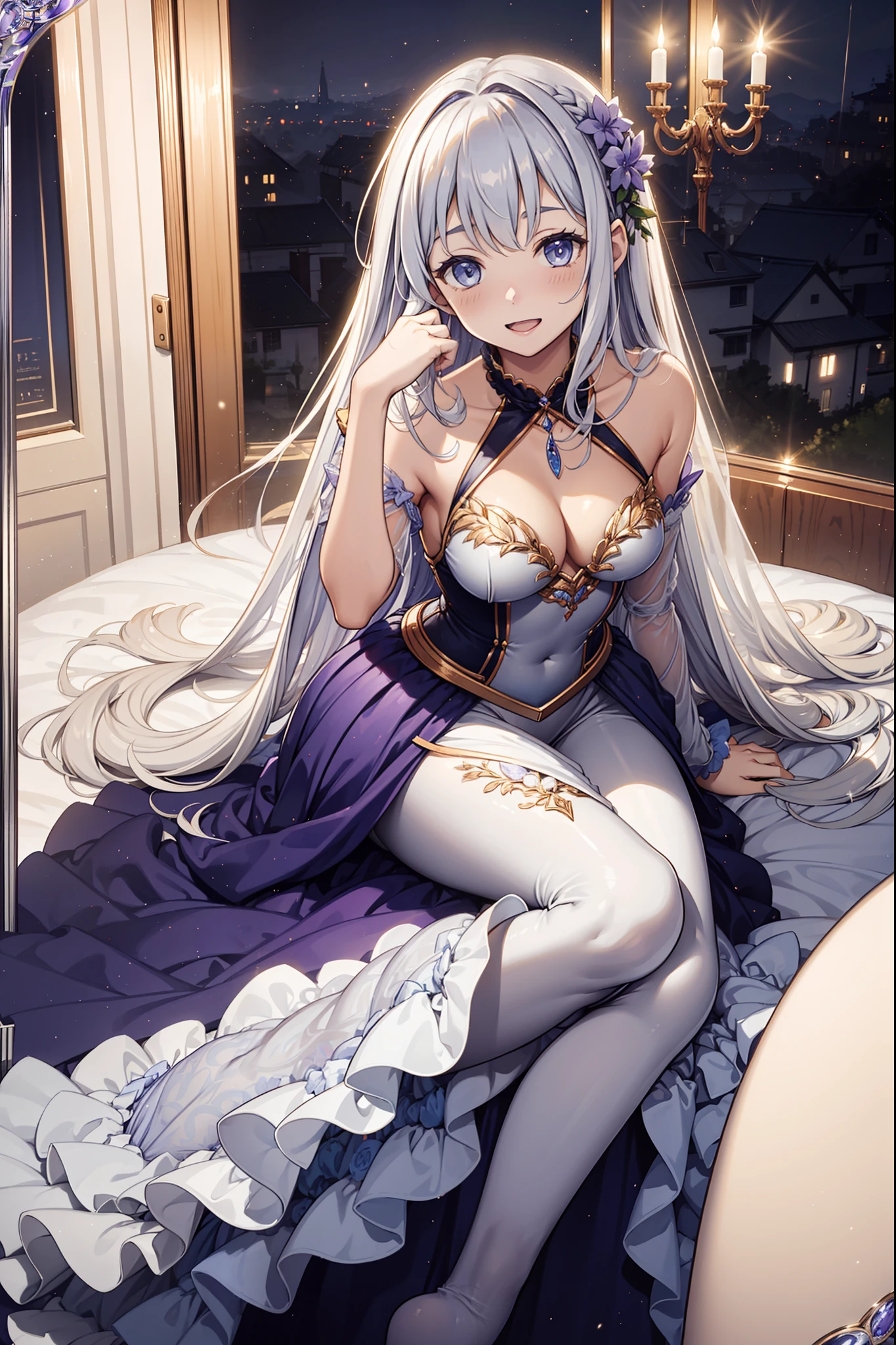 teens girl,Enchanted,having fun,Being in love,Princess dress in white fantasy world,Light silver hair,eBlue eyes,A small amount of lilac pattern,(see-through transparent clothes),exquisite costumes,Bedrooms,solo person,the night,Simple pantyhose