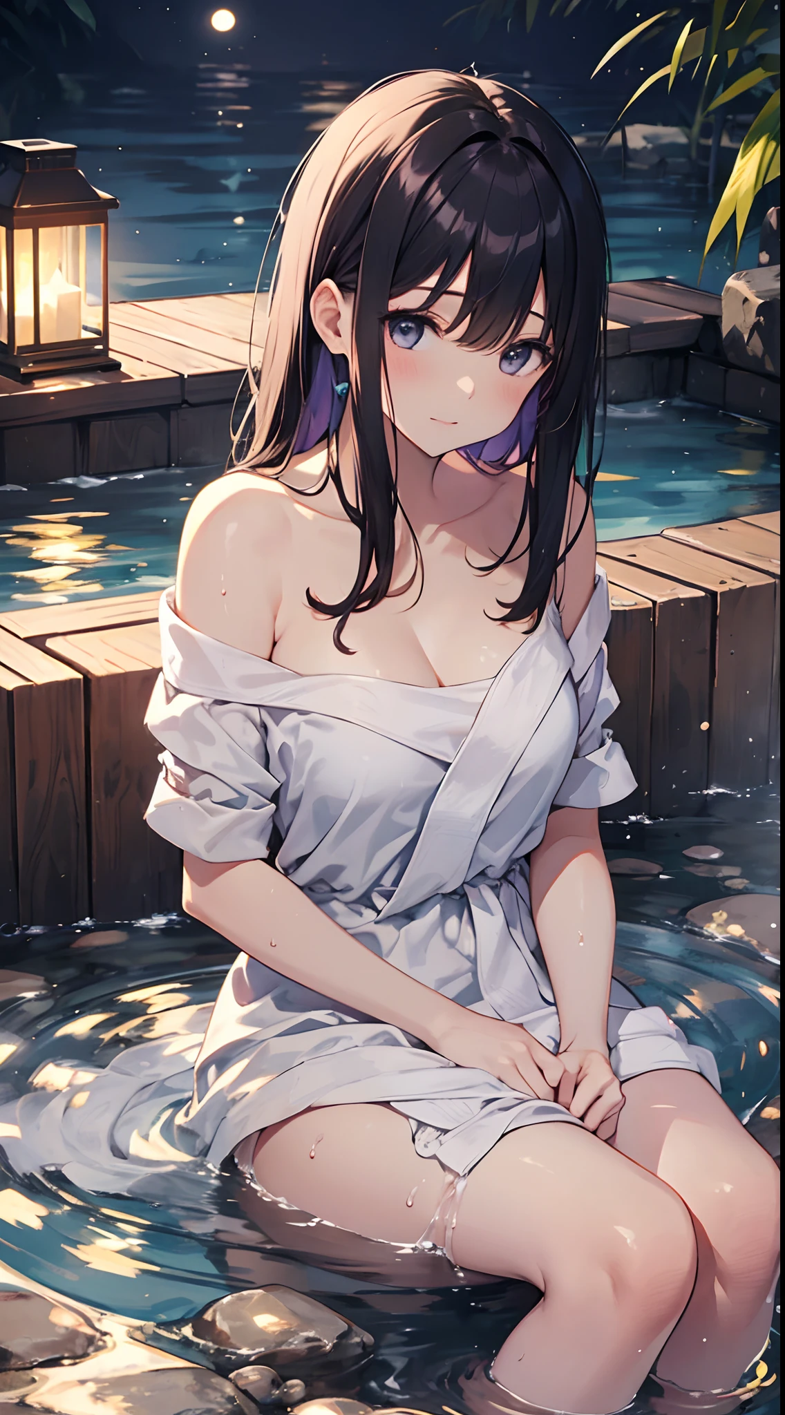 Woman relaxing in hot spring,２０generation,Looking up at the moon、Satisfied face,Put a towel on your hair,Beautiful inspired light,Elegant water flow,a soothing atmosphere,Quiet and calm background