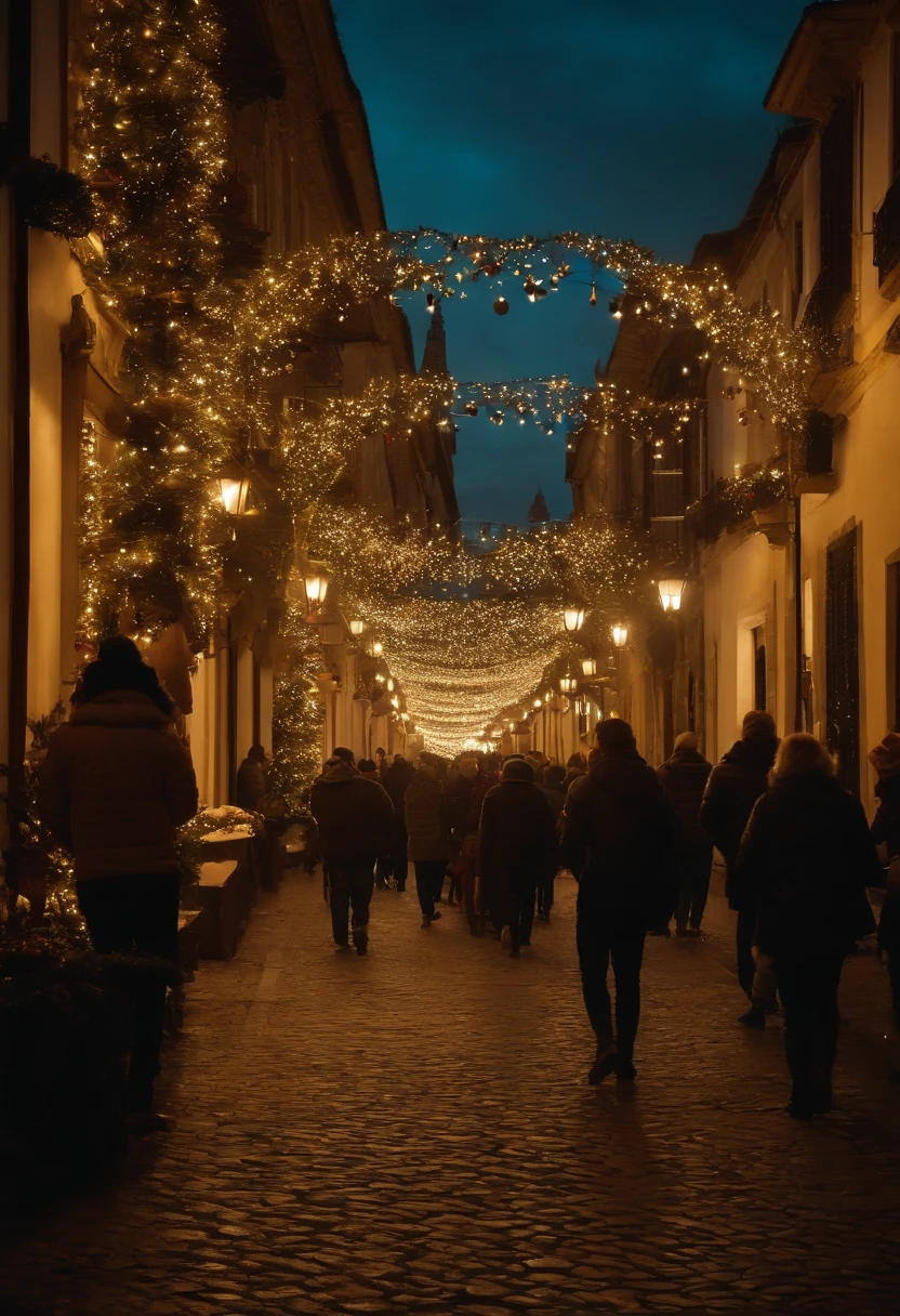 Visualize a photograph showing the enchanting beauty of winter lighting: The scene takes place in the heart of a city during the winter season, where the streets and buildings are adorned with a mesmerizing display of Christmas lights. As night falls, The whole area comes to life with a kaleidoscope of colors. Strings of twinkling fairy lights are meticulously wrapped around trees, lampposts, and road signs, Creating a breathtaking lighting canopy. As luzes variam em tonalidade, variando de brancos e azuis suaves a vermelhos e verdes vibrantes, Criando um ambiente acolhedor e convidativo. Ao longo de uma movimentada rua comercial, shops and boutiques are adorned with elaborate light displays. The shop windows are decorated with Christmas scenes, and the facades are outlined in twinkling lights that trace architectural details. In the town square, an imposing Christmas tree is the centerpiece of the festivities. It is resplendent with countless lights, Ornamento, e uma estrela brilhante no topo de seu ramo mais alto. The glow of the tree is reflected in the faces of the enchanted spectators. Families and friends gather to stroll the illuminated streets, their faces glow with wonder and joy. The laughter of the children fills the air as they marvel at the dazzling spectacle., And couples pause to share a tender moment under the romantic glow. The cold winter air is filled with a sense of celebration, and the sound of festive music derives from the nearby speakers. Os vendedores ambulantes oferecem guloseimas quentes, como castanhas torradas e cacau quente, increasing the sensory delights of the night. This image encapsulates the magical atmosphere of winter lighting, where the world turns into a bright wonderland, reunindo comunidades para celebrar a alegria e a beleza das festas de fim de ano.