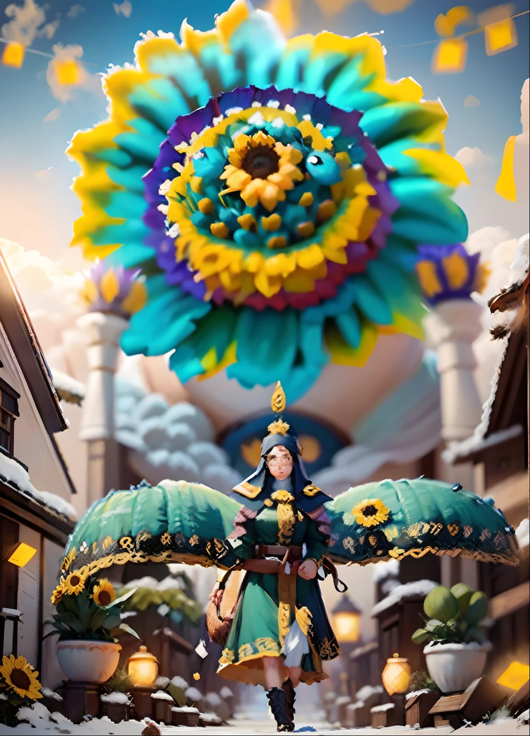 On a very spectacular scene,The extra-large wide-angle lens captures the appearance of female centaurs。She is a sunflower worship nun,Always against(Healing emoji smiley face of knitted sunflower puppet😊:99.99)DOA。She is tall,It has the ultimate curvaceous beauty,The muscles are slender and strong,Beautiful lines。She has(Oversized sky blue eyes:99.99)、been(Wear sexy glasses:6.66)、(She wears a stately nun costume:9.9)、Step on the heel of a boot-style skyscraper、A pink cross hangs from his chest。Using Midjourney's advanced tools,Designed for female centaurs(A knitted sunflower puppet,And create a super healing cartoon smiley face in the center of the flower plate as a decoration:9.9),and noble and solemn nun costumes,and highlight her unique physical characteristics and facial details,Add realism。Against the backdrop of her prayers and listening to confessions,Spectacular natural landscape,For example, the sky alternates between storms and sunny days、Starry rivers and auroras、Snow-capped Mount Everest、Yamashiro fireworks, etc。ao mesmo tempo,Away from the hustle and bustle next to the church,Create dream scenes。Use advanced tools and multiple color palettes halfway、Brush strokes、Texture tools and model packages,It shows a sense of atmosphere where beauty and charm coexist。The charm of female centaurs is highlighted by colors and lines,Enhance realism with details,Create a surreal dreamy feeling。Additionally,Use the tools halfway through to add various exorcism props and books to female centaurs、pergaminhos,Create complex hairstyles and outfits,Give her a sense of premium。She never flinched,No matter what monster you encounter,Can respond quickly,Even the most extreme natural disasters and monster armies could not stop her and her front lines(Sunflower with Tyndall effect that emits sunlight 9.99)。Use Midjourney's powerful tools,You can do this with incredible detail and beauty,Bring this super-grand and beautiful scene to life。A grand spectacle,super wide shot, hdr,(Realiy