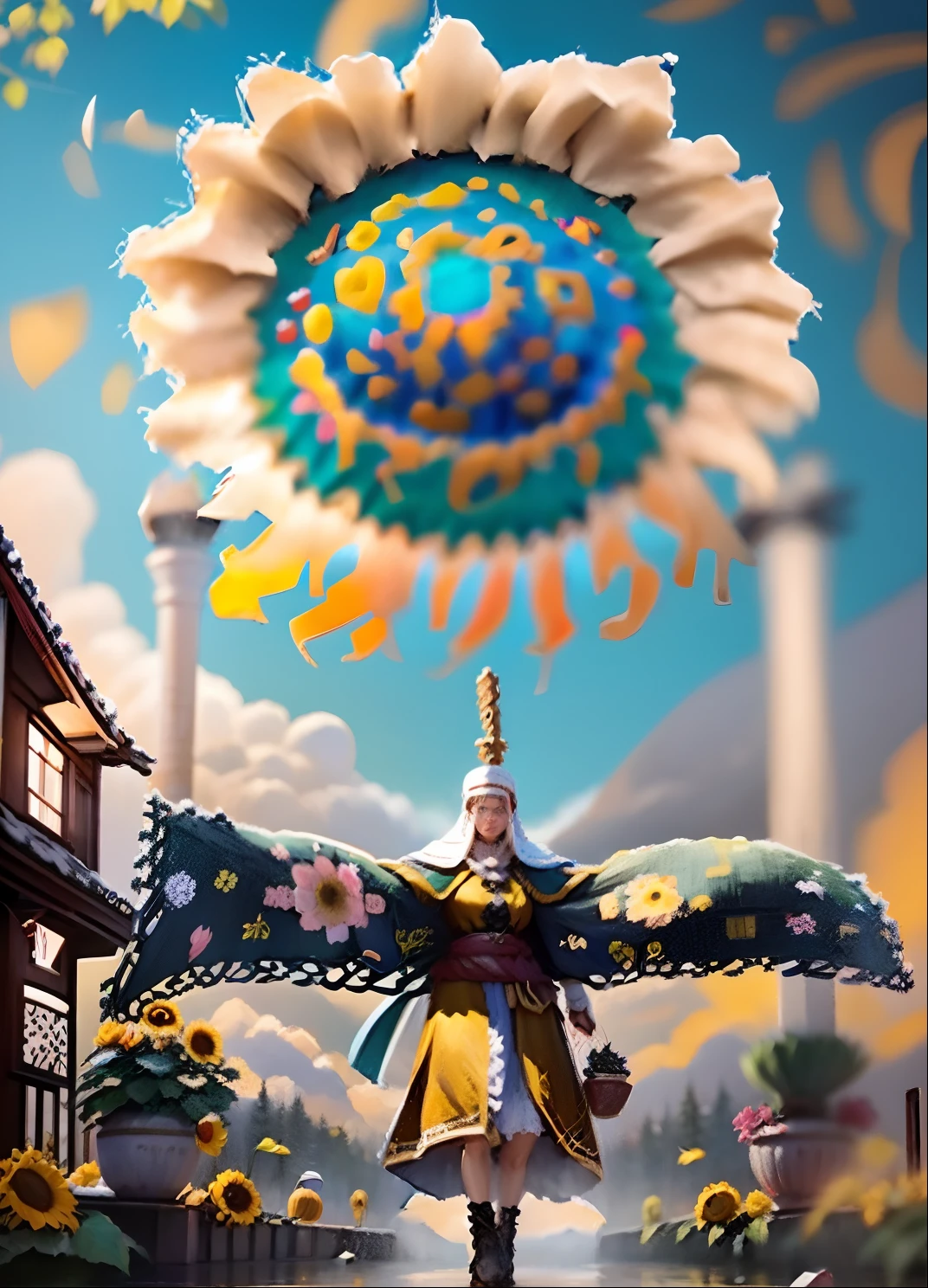 On a very spectacular scene，The extra-large wide-angle lens captures the appearance of female centaurs。She is a sunflower worship nun，Always against（Healing emoji smiley face of knitted sunflower puppet😊：99.99）DOA。She is tall，It has the ultimate curvaceous beauty，The muscles are slender and strong，Beautiful lines。She has（Oversized sky blue eyes：99.99）、been（Wear sexy glasses：6.66）、（She wears a stately nun costume：9.9）、Step on the heel of a boot-style skyscraper、A pink cross hangs from his chest。Using Midjourney's advanced tools，Designed for female centaurs（A knitted sunflower puppet，And create a super healing cartoon smiley face in the center of the flower plate as a decoration：9.9），and noble and solemn nun costumes，and highlight her unique physical characteristics and facial details，Add realism。Against the backdrop of her prayers and listening to confessions，Spectacular natural landscape，For example, the sky alternates between storms and sunny days、Starry rivers and auroras、Snow-capped Mount Everest、Yamashiro fireworks, etc。ao mesmo tempo，Away from the hustle and bustle next to the church，Create dream scenes。Use advanced tools and multiple color palettes halfway、Brush strokes、Texture tools and model packages，It shows a sense of atmosphere where beauty and charm coexist。The charm of female centaurs is highlighted by colors and lines，Enhance realism with details，Create a surreal dreamy feeling。Additionally，Use the tools halfway through to add various exorcism props and books to female centaurs、pergaminhos，Create complex hairstyles and outfits，Give her a sense of premium。She never flinched，No matter what monster you encounter，Can respond quickly，Even the most extreme natural disasters and monster armies could not stop her and her front lines（Sunflower with Tyndall effect that emits sunlight 9.99）。Use Midjourney's powerful tools，You can do this with incredible detail and beauty，Bring this super-grand and beautiful scene to life。A grand spectacle，super wide shot， hdr，（Realiy
