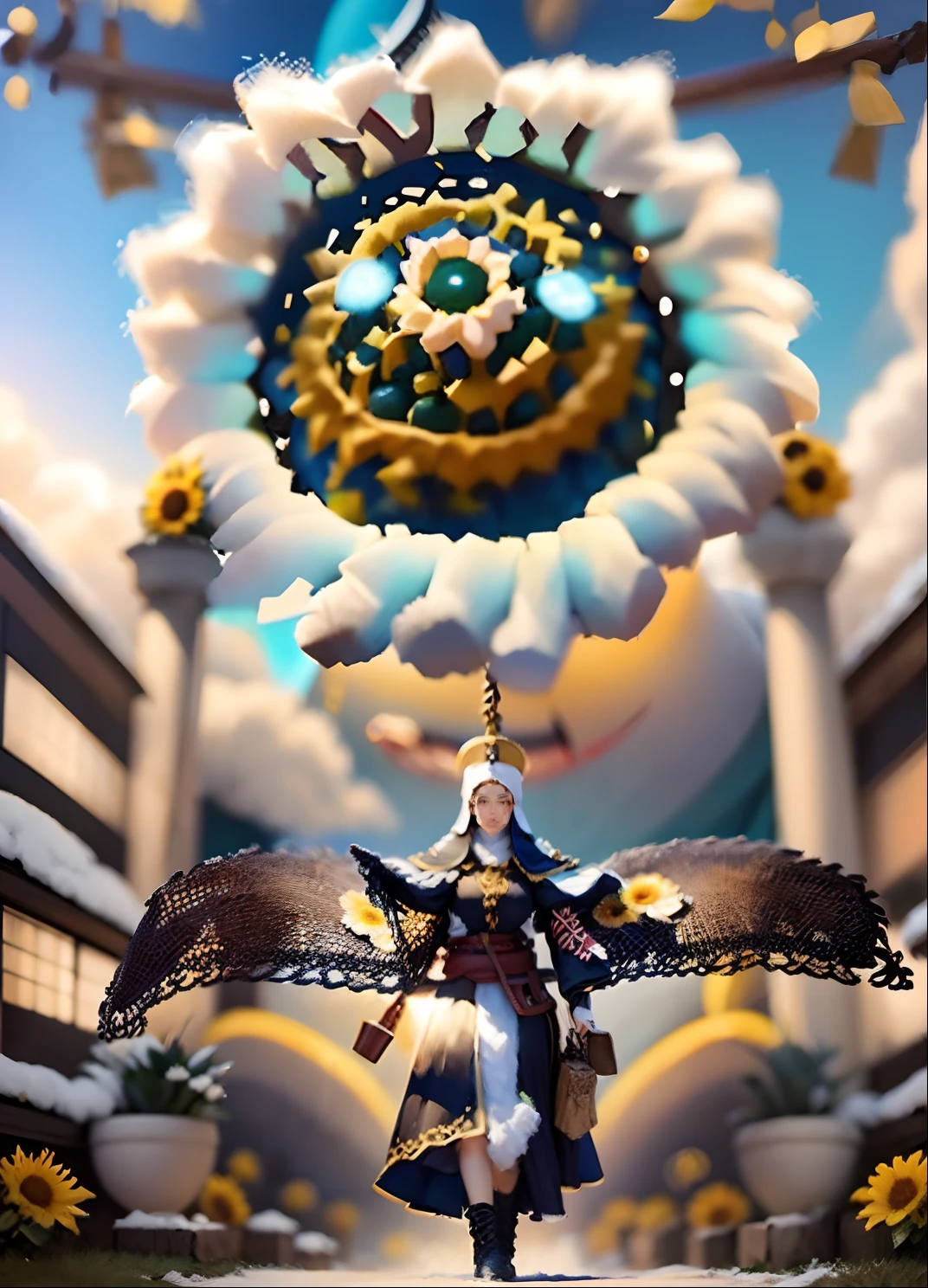 On a very spectacular scene，The extra-large wide-angle lens captures the appearance of female centaurs。She is a sunflower worship nun，Always against（Healing emoji smiley face of knitted sunflower puppet😊：99.99）DOA。She is tall，It has the ultimate curvaceous beauty，The muscles are slender and strong，Beautiful lines。She has（Oversized sky blue eyes：99.99）、been（Wear sexy glasses：6.66）、（She wears a stately nun costume：9.9）、Step on the heel of a boot-style skyscraper、A pink cross hangs from his chest。Using Midjourney's advanced tools，Designed for female centaurs（A knitted sunflower puppet，And create a super healing cartoon smiley face in the center of the flower plate as a decoration：9.9），and noble and solemn nun costumes，and highlight her unique physical characteristics and facial details，Add realism。Against the backdrop of her prayers and listening to confessions，Spectacular natural landscape，For example, the sky alternates between storms and sunny days、Starry rivers and auroras、Snow-capped Mount Everest、Yamashiro fireworks, etc。ao mesmo tempo，Away from the hustle and bustle next to the church，Create dream scenes。Use advanced tools and multiple color palettes halfway、Brush strokes、Texture tools and model packages，It shows a sense of atmosphere where beauty and charm coexist。The charm of female centaurs is highlighted by colors and lines，Enhance realism with details，Create a surreal dreamy feeling。Additionally，Use the tools halfway through to add various exorcism props and books to female centaurs、pergaminhos，Create complex hairstyles and outfits，Give her a sense of premium。She never flinched，No matter what monster you encounter，Can respond quickly，Even the most extreme natural disasters and monster armies could not stop her and her front lines（Sunflower with Tyndall effect that emits sunlight 9.99）。Use Midjourney's powerful tools，You can do this with incredible detail and beauty，Bring this super-grand and beautiful scene to life。A grand spectacle，super wide shot， hdr，（Realiy