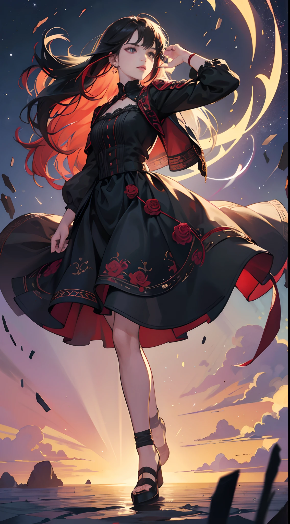 (Best Quality,4K,High resolution), 18yo woman, Red mesh hair on black hair, Long hair, Straight hair,  , Comical appearance，(Best Quality,4K,High resolution), Swaying in the wind　Resonant melodies
In you　shaking　Disappeared
In a dream　Resonant melodies
In you　Fallen　Tokete，inattention，Full body close-up，，Delicate illustrations drawn in detail，Clothes with intricate decorations, Realistic portrayal，，luminous sky，Vibrant colors，Gothic expression，Classic background