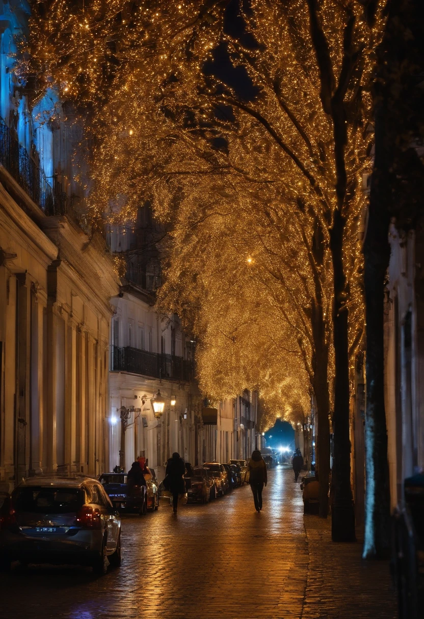 Visualize a photograph showing the enchanting beauty of winter lighting: The scene takes place in the heart of a city during the winter season, where the streets and buildings are adorned with a mesmerizing display of Christmas lights. As night falls, The whole area comes to life with a kaleidoscope of colors. Strings of twinkling fairy lights are meticulously wrapped around trees, lampposts, and road signs, Creating a breathtaking lighting canopy. As luzes variam em tonalidade, variando de brancos e azuis suaves a vermelhos e verdes vibrantes, Criando um ambiente acolhedor e convidativo. Ao longo de uma movimentada rua comercial, shops and boutiques are adorned with elaborate light displays. The shop windows are decorated with Christmas scenes, and the facades are outlined in twinkling lights that trace architectural details. In the town square, an imposing Christmas tree is the centerpiece of the festivities. It is resplendent with countless lights, Ornamento, e uma estrela brilhante no topo de seu ramo mais alto. The glow of the tree is reflected in the faces of the enchanted spectators. Families and friends gather to stroll the illuminated streets, their faces glow with wonder and joy. The laughter of the children fills the air as they marvel at the dazzling spectacle., And couples pause to share a tender moment under the romantic glow. The cold winter air is filled with a sense of celebration, and the sound of festive music derives from the nearby speakers. Os vendedores ambulantes oferecem guloseimas quentes, como castanhas torradas e cacau quente, increasing the sensory delights of the night. This image encapsulates the magical atmosphere of winter lighting, where the world turns into a bright wonderland, reunindo comunidades para celebrar a alegria e a beleza das festas de fim de ano.