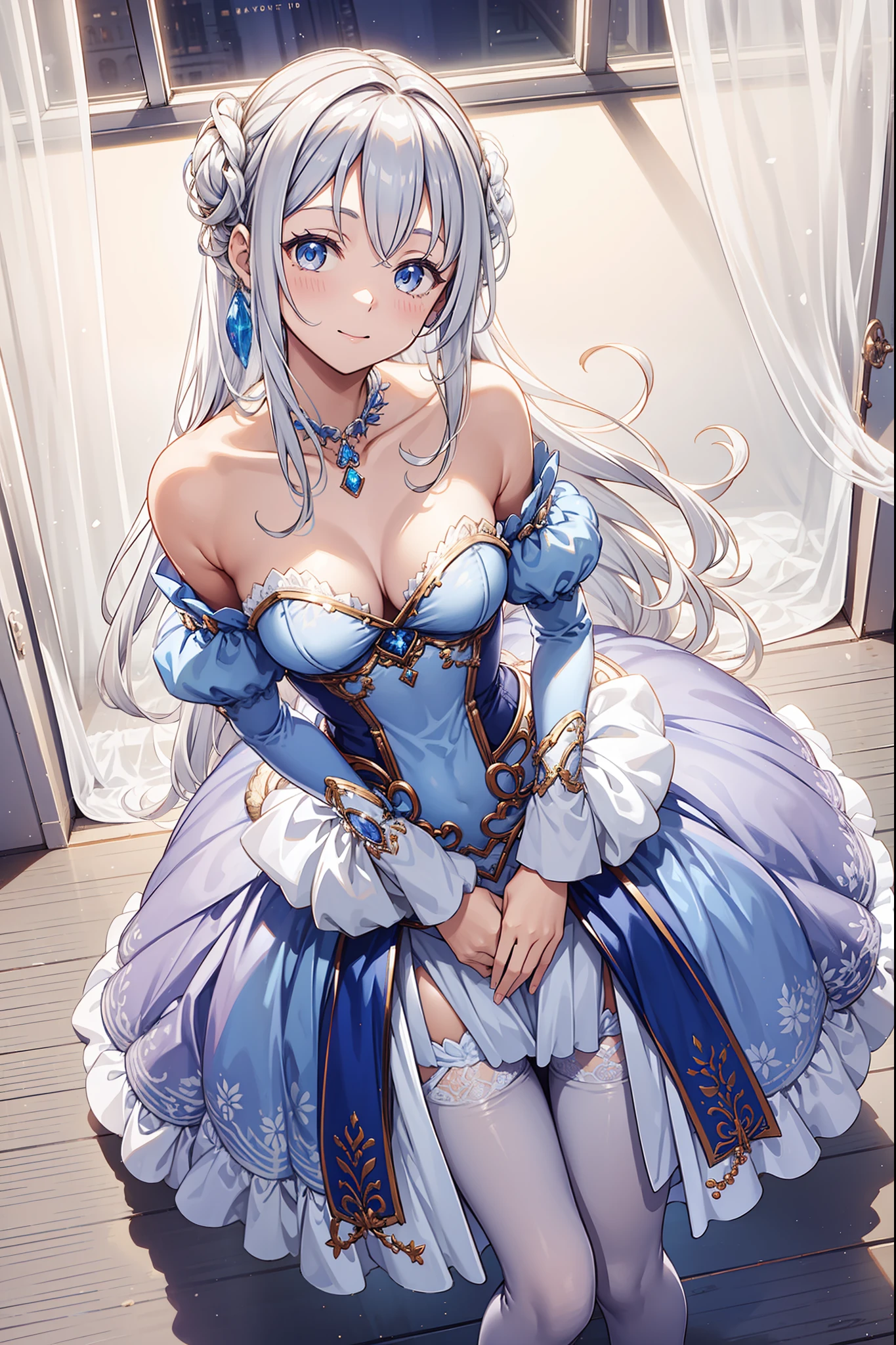 s girl,Enchanted,having fun,Being in love,Princess dress in white fantasy world,Light silver hair,eBlue eyes,A small amount of lilac pattern,see-through transparent clothes,exquisite costumes,Bedrooms,solo person,the night,Simple pantyhose