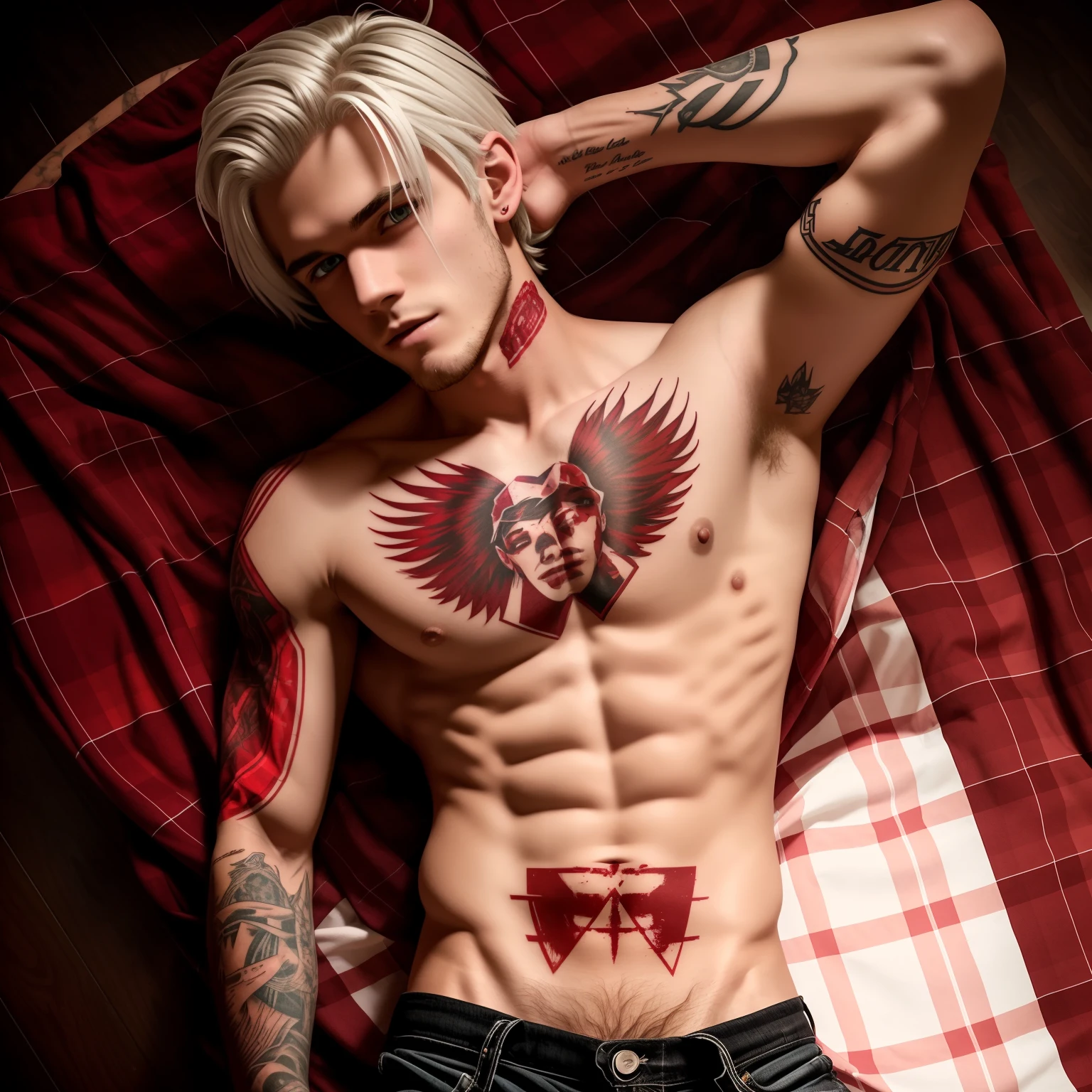 male posing, bottomless, skinny body, atmospheric, cute face, white hair, dead inside, plaid long shirt, red lighting, tattoo, blood, hairy body