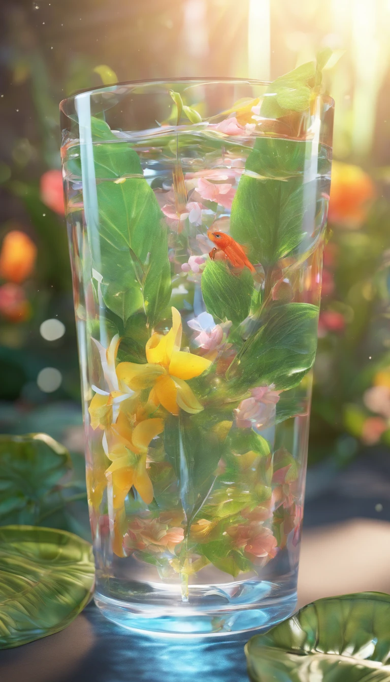 Close-up of transparent water cup in the middle,Surrounded by a floral and botanical environment