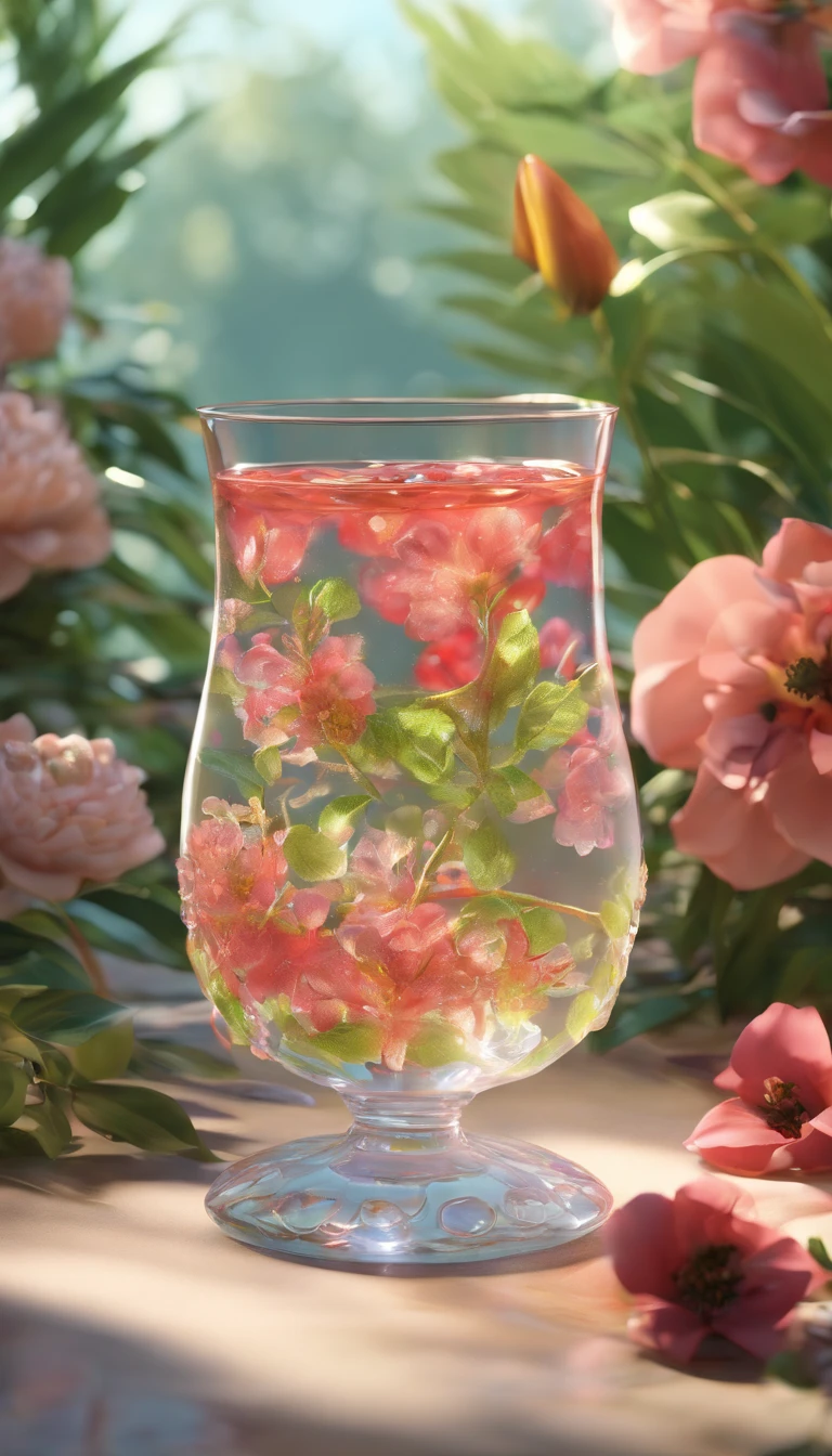 Close-up of transparent water cup in the middle,Surrounded by a floral and botanical environment
