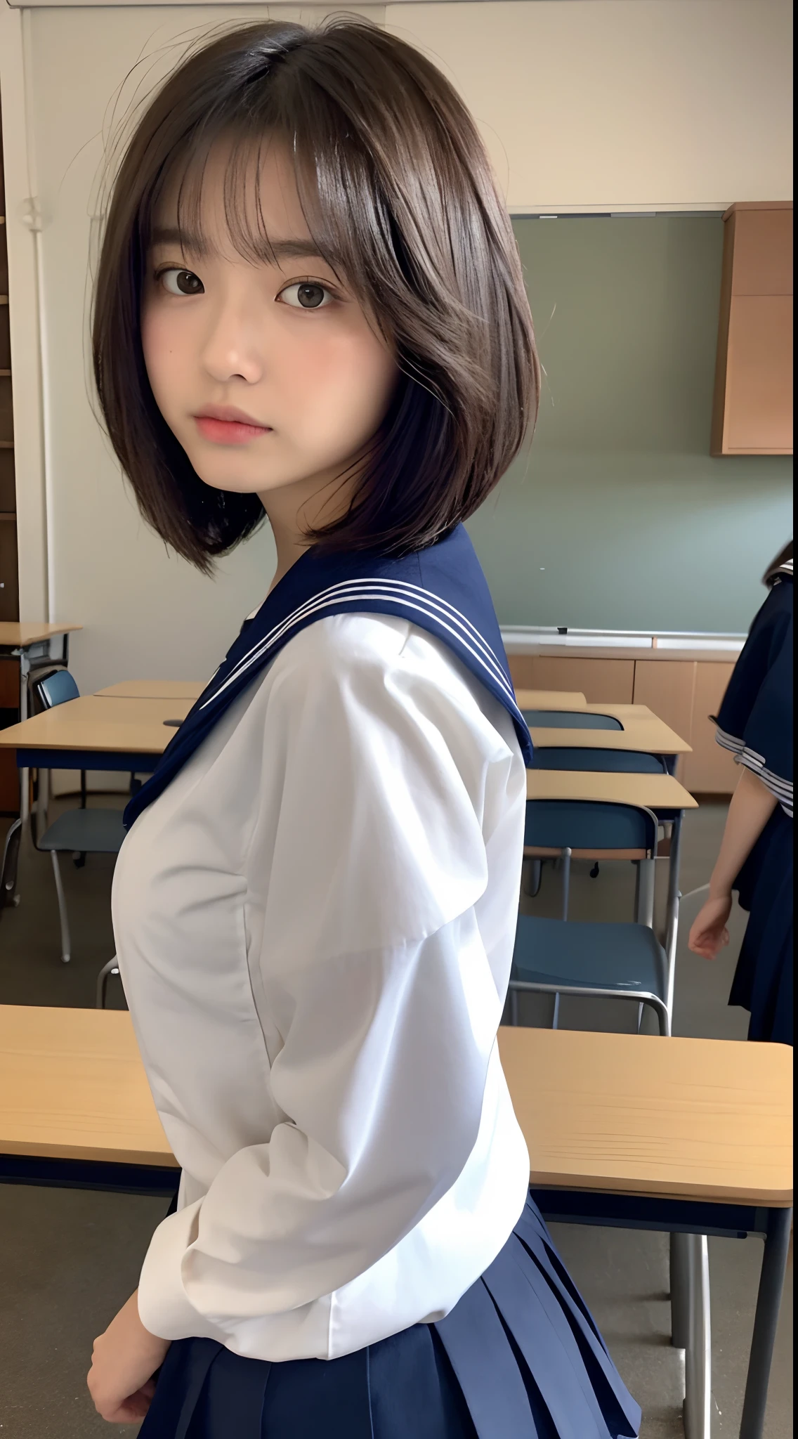 (Top Quality, 8K, Masterpiece: 1.3)), Focus: 1.2, Perfect Body Beauty: 1.8, Ass: 1.2, ((Layered Haircut, Breasts: 2.5)), Japan High Girl, Sailor Suit Worn by Japan High School Student, JK, Juniornt, (School, Classroom), Highly Detailed Face and Skin Texture, Big Eyes, Tanuki Face, Double Eyelids, Whitened Skin, Shoot Cut