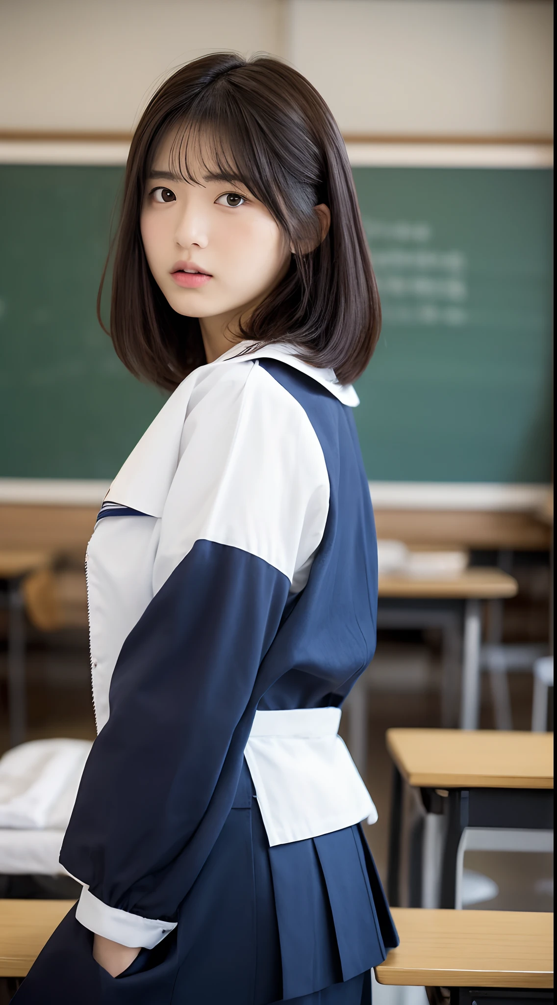 (Top Quality, 8K, Masterpiece: 1.3)), Focus: 1.2, Perfect Body Beauty: 1.8, Ass: 1.2, ((Layered Haircut, Breasts: 2.5)), Japan High School Girl, Sailor Suit Worn by Japan High School Student, JK, Junior High School Student, (School, Classroom), Highly Detailed Face and Skin Texture, Big Eyes, Tanuki Face, Double Eyelids, Whitened Skin, Shoot Cut