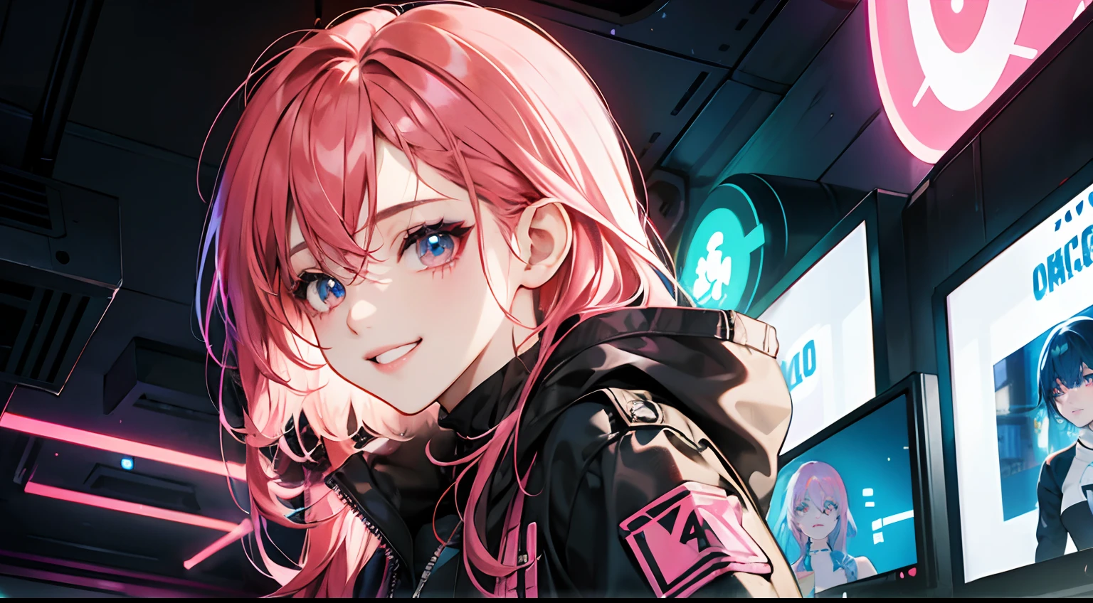 Chica de anime cyberpunk, Cabello largo rosa y azul, cabello desordenado, divertido y coqueto, infantil, Desordenado, ANDROIDE, 4k, ordenador, hacker , joven, Neon lighting, cute, nice body, gran pecho, sonrisa maliciosa