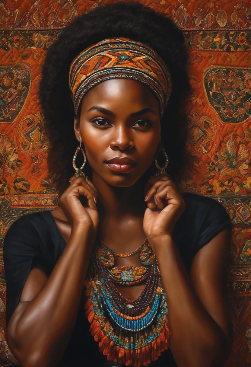 portrait painting of a young woman, Black women of the Quilombola ethnic group of Brazil.