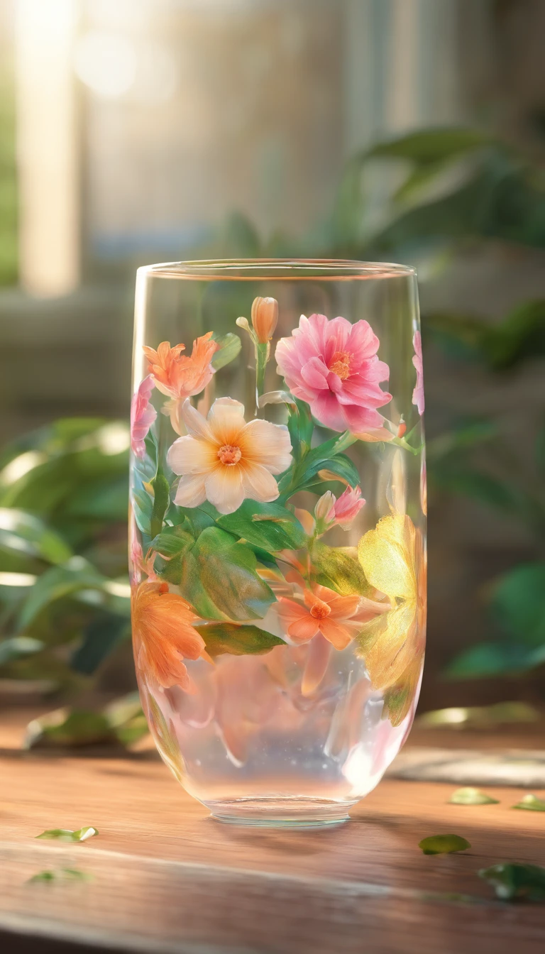 Close-up of the middle transparent water cup,Surrounded by a floral and botanical environment