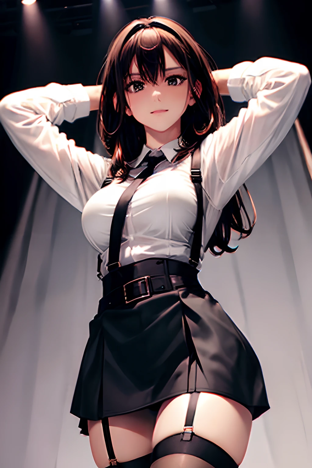 Black skirt, 　suspenders, Brown hair Gray eyes, Garter belt on the legs, Tight black clothes, 　　 a belt　Armpit sweat　　Dark look　Moderately breasts　holster