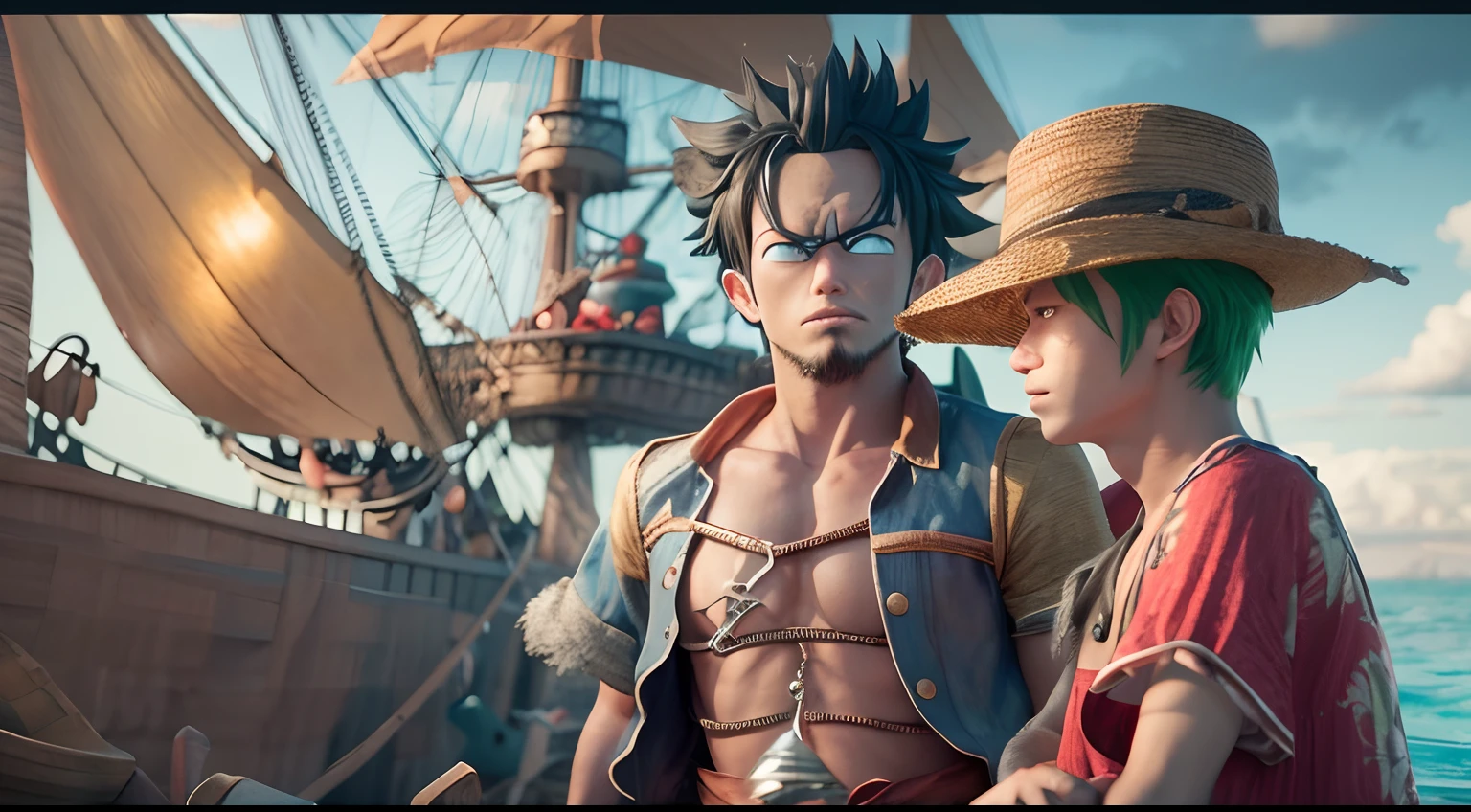 4k Resolution,High Detailed,One Piece,Monkey D Luffy, Pirate,With His Friend,Zoro, Realistic,3D Viewing, Pirate Ship with Sign, Ocean Background, Cinematic Lighting,