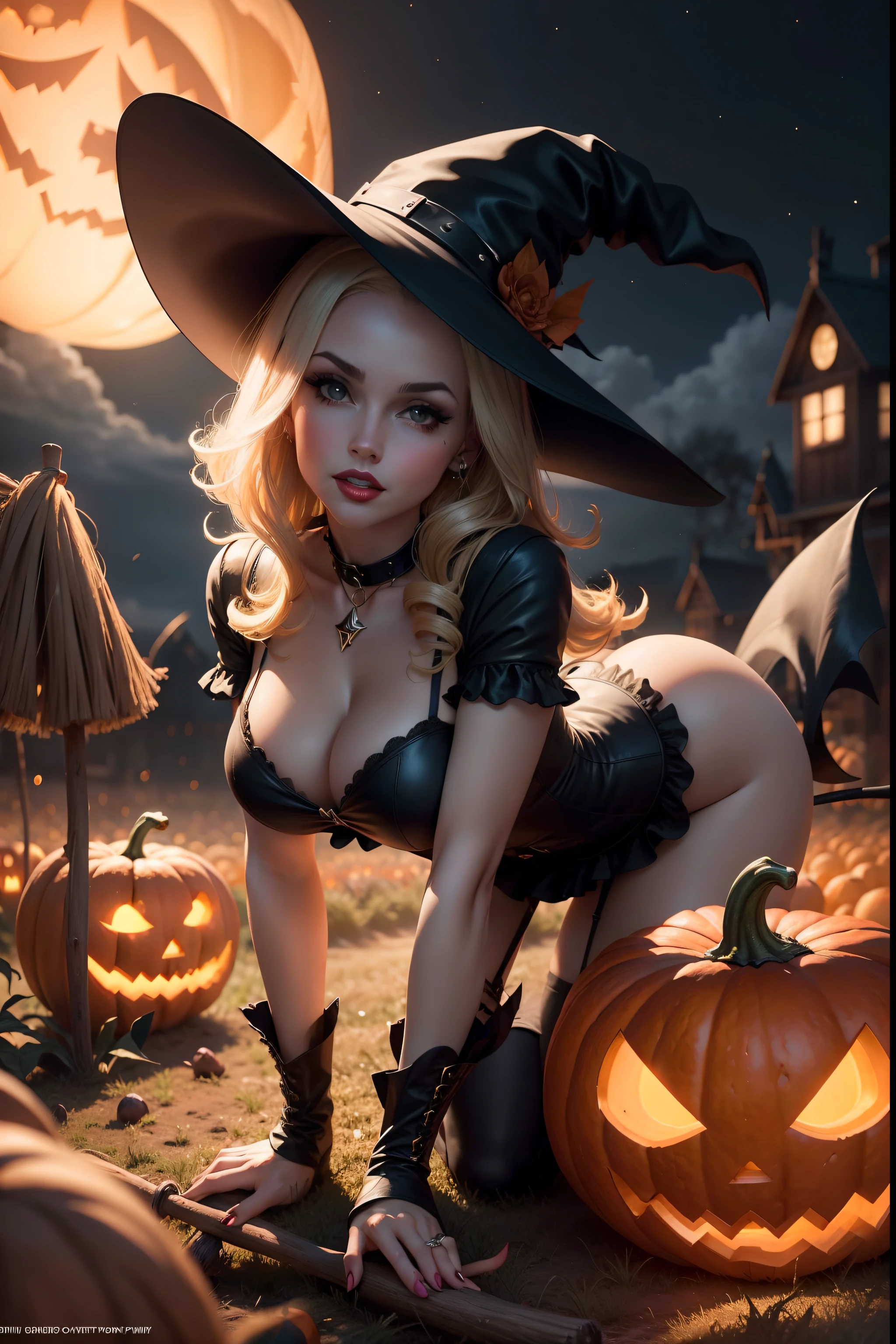 Sexy witch, pin-up style, at night, flying on a broom, flying over a pumpkin field, low camera angle, all fours