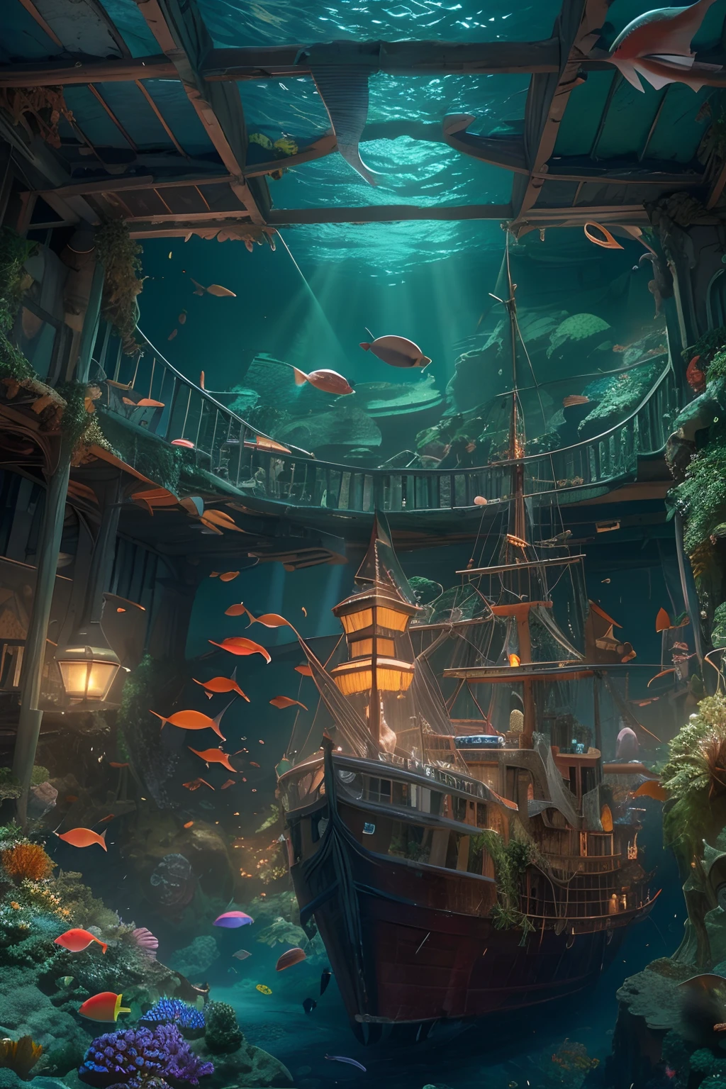 Hyper-detailing,Real lighting,the ocean,Underwater world,Dilapidated shipwreck,Various fish,The corals,Will glow