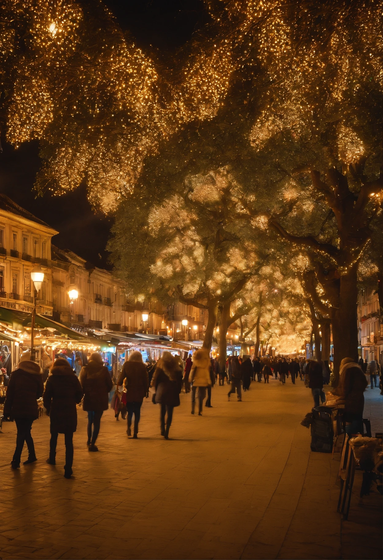 Visualize a photograph showing the enchanting beauty of winter lighting: The scene takes place in the heart of a city during the winter season, where the streets and buildings are adorned with a mesmerizing display of Christmas lights. As night falls, The whole area comes to life with a kaleidoscope of colors. Strings of twinkling fairy lights are meticulously wrapped around trees, lampposts, and road signs, Creating a breathtaking lighting canopy. As luzes variam em tonalidade, variando de brancos e azuis suaves a vermelhos e verdes vibrantes, Criando um ambiente acolhedor e convidativo. Ao longo de uma movimentada rua comercial, shops and boutiques are adorned with elaborate light displays. The shop windows are decorated with Christmas scenes, and the facades are outlined in twinkling lights that trace architectural details. In the town square, an imposing Christmas tree is the centerpiece of the festivities. It is resplendent with countless lights, Ornamento, e uma estrela brilhante no topo de seu ramo mais alto. The glow of the tree is reflected in the faces of the enchanted spectators. Families and friends gather to stroll the illuminated streets, their faces glow with wonder and joy. The laughter of the children fills the air as they marvel at the dazzling spectacle., And couples pause to share a tender moment under the romantic glow. The cold winter air is filled with a sense of celebration, and the sound of festive music derives from the nearby speakers. Os vendedores ambulantes oferecem guloseimas quentes, como castanhas torradas e cacau quente, increasing the sensory delights of the night. This image encapsulates the magical atmosphere of winter lighting, where the world turns into a bright wonderland, reunindo comunidades para celebrar a alegria e a beleza das festas de fim de ano.