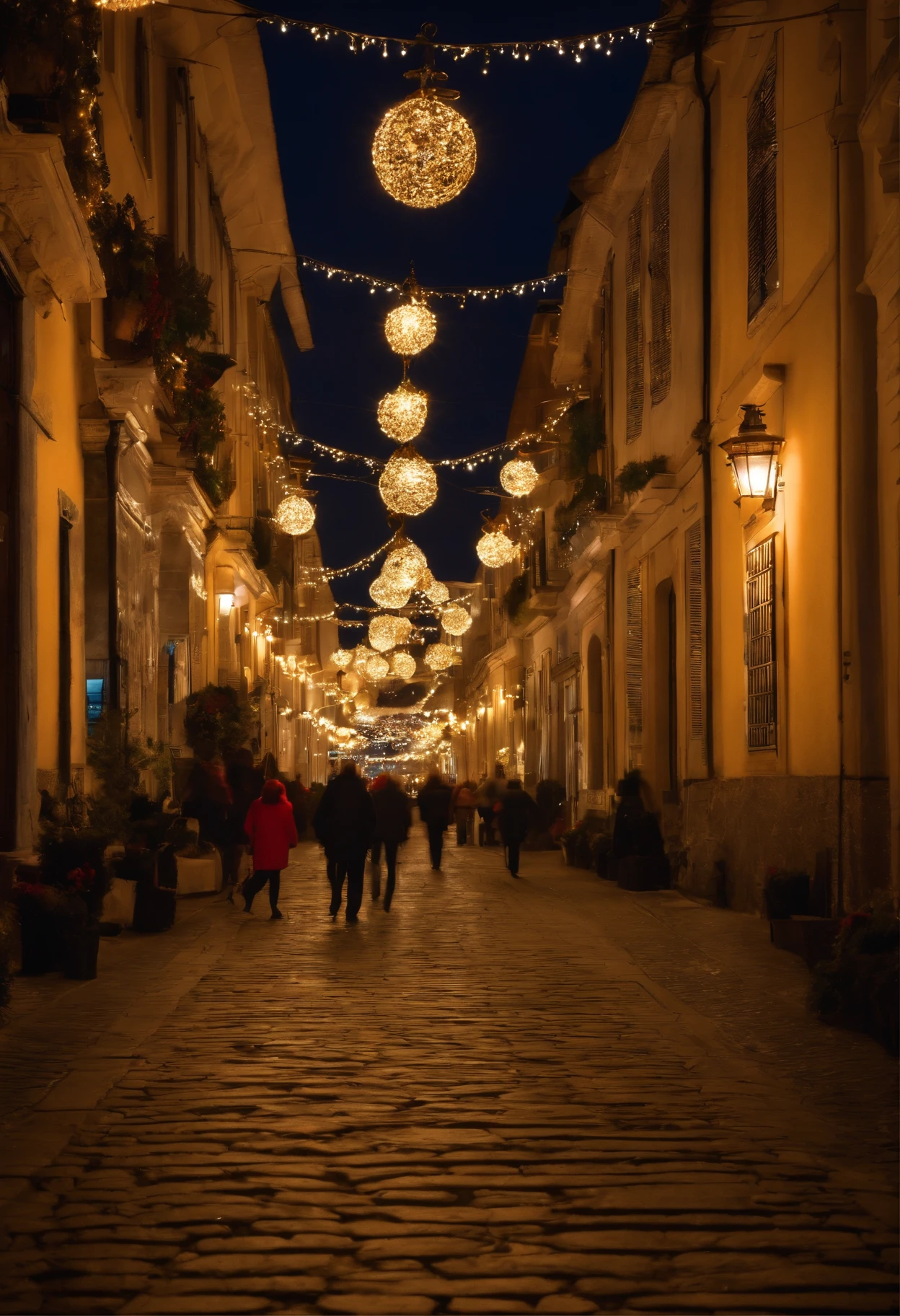 Visualize a photograph showing the enchanting beauty of winter lighting: The scene takes place in the heart of a city during the winter season, where the streets and buildings are adorned with a mesmerizing display of Christmas lights. As night falls, The whole area comes to life with a kaleidoscope of colors. Strings of twinkling fairy lights are meticulously wrapped around trees, lampposts, and road signs, Creating a breathtaking lighting canopy. As luzes variam em tonalidade, variando de brancos e azuis suaves a vermelhos e verdes vibrantes, Criando um ambiente acolhedor e convidativo. Ao longo de uma movimentada rua comercial, shops and boutiques are adorned with elaborate light displays. The shop windows are decorated with Christmas scenes, and the facades are outlined in twinkling lights that trace architectural details. In the town square, an imposing Christmas tree is the centerpiece of the festivities. It is resplendent with countless lights, Ornamento, e uma estrela brilhante no topo de seu ramo mais alto. The glow of the tree is reflected in the faces of the enchanted spectators. Families and friends gather to stroll the illuminated streets, their faces glow with wonder and joy. The laughter of the children fills the air as they marvel at the dazzling spectacle., And couples pause to share a tender moment under the romantic glow. The cold winter air is filled with a sense of celebration, and the sound of festive music derives from the nearby speakers. Os vendedores ambulantes oferecem guloseimas quentes, como castanhas torradas e cacau quente, increasing the sensory delights of the night. This image encapsulates the magical atmosphere of winter lighting, where the world turns into a bright wonderland, reunindo comunidades para celebrar a alegria e a beleza das festas de fim de ano.