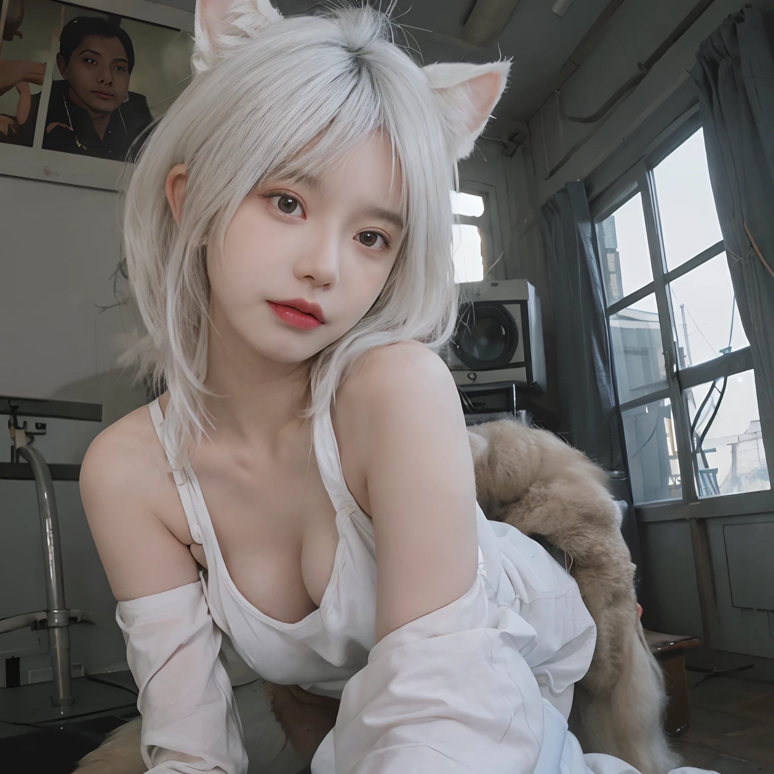 8K,((NSFW))、(Sexy poses collection)、((in one's underwear only))、(((White hair color))) 、undersized head、Best Quality, masutepiece, Ultra High Resolution, (Realism: 1.4), Original photo, (True skin texture: 1.3), (Film grain: 1.3), Beautiful eyes and face details, masutepiece, Best Quality, close up, Full body、short-cut、18year old、White cat ears