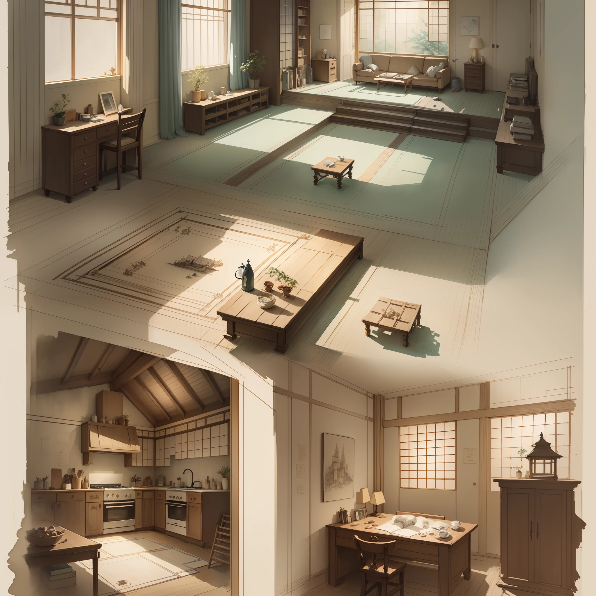 sketches of a fantasy SF room, sketch, flickr, conceptual art, colorful architectural drawing, architectural illustration, interior design details, visual development, interior design architecture, concept art h 800, watercolor illustration style, traditional japanese concept art, furniture design sheet, architecture drawing, design sheet,