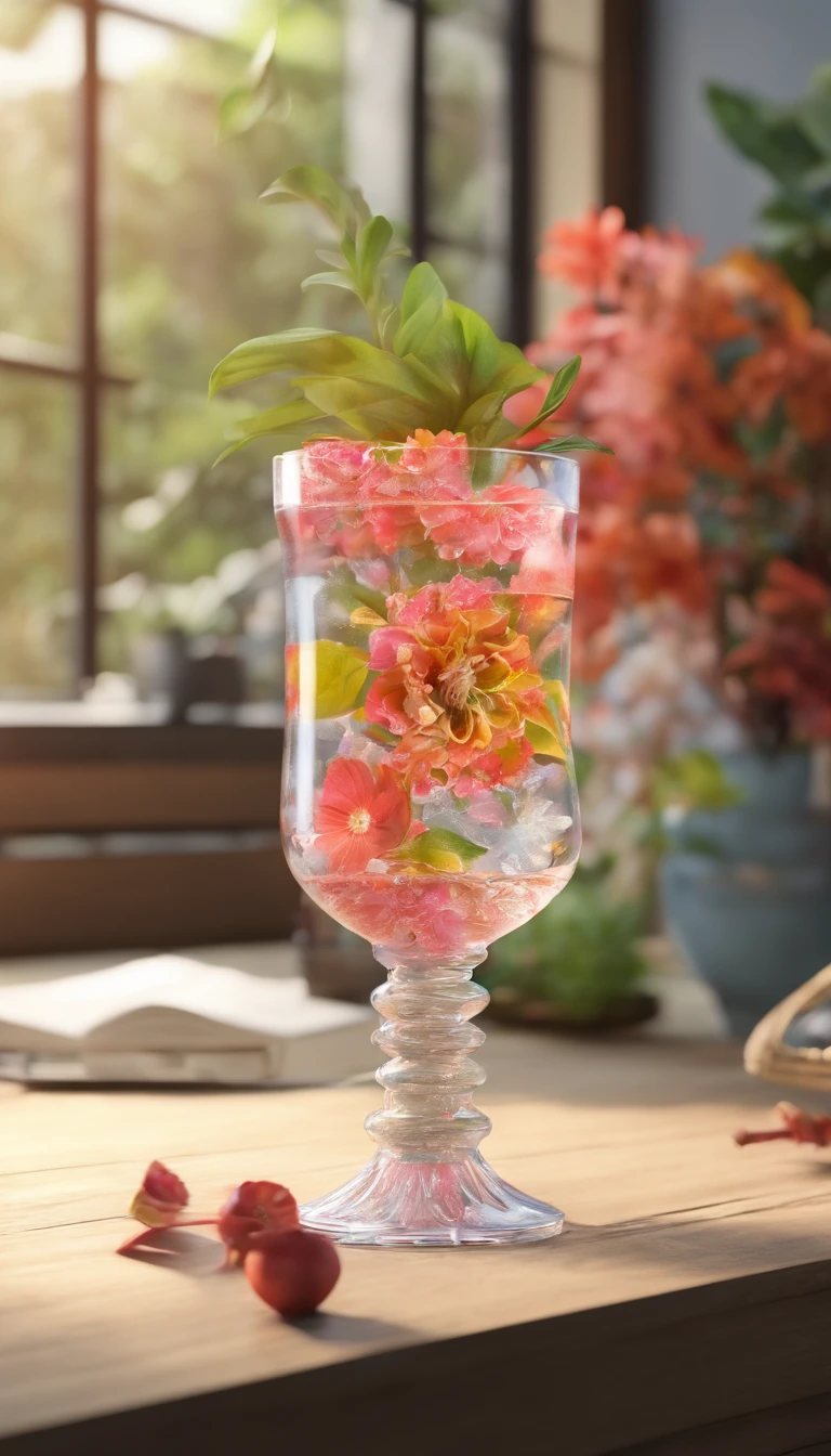 Middle transparent water cup,Surrounded by a floral and botanical environment