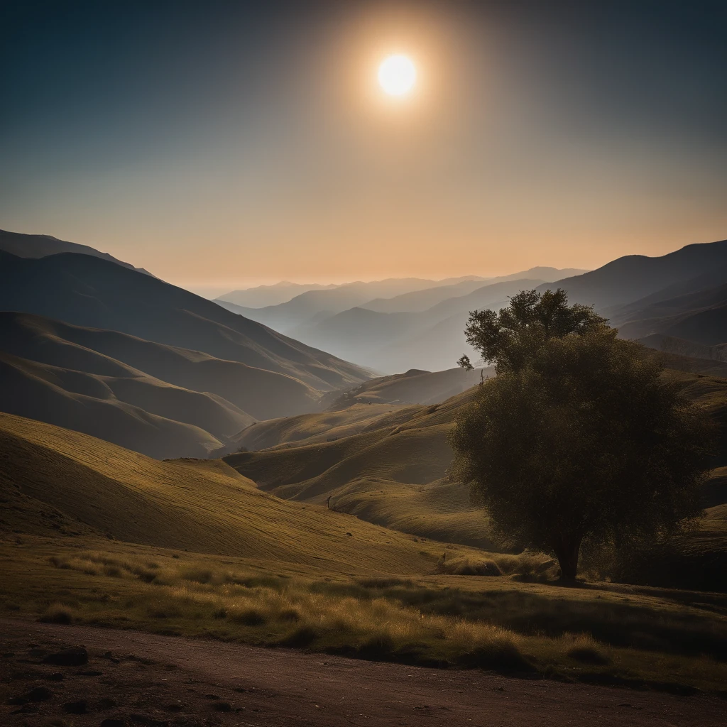 Countryside view,Sunset,Blurred the vision,Andean village landscape photography,Pale sunset, Vast northwest village(Andean landforms)Majestic mountains,Rugged mountain roads in the countryside,mountain peaks,(Boulder in the distance),precipice,Clear and transparent water,giant tree,bushes,falling leaf,Broad field of view,Minimalist,black andwhite+Deep blue+Dull yellow tones,desolated,Aloneness,Cold, foggy sky,The evening sun that does not dazzle,Nightmare vision,Dark fantasy plot,Perfect and excellent composition,8K分辨率,the detail,limitations,Close-up ultra-wide angle shot,Cool background,Jack Guzman's environmental art photography,realisticlying,cinematic compositions,A high resolution,vividness, A detailed, stunning skies,Colorful clouds float,true to life, Pubic area is clear, flawless perfection, Digital SLR, 1024, 2048, 4096, A detailed, Sharp, best qualtiy, high qulity, absurderes,unmanned background,The is very detailed、Detailed lighting shadows,Trends on ArtStation、iintricate、high detal、dramatics、(Volumetriclighting:1.2)hdr shot。(Close-up,Super deep view,ultra-wide-angle,Microfocal length lens:1.2)(realisticlying:1.4)tmasterpiece、high high quality、Beautiful photography,globalillumination
