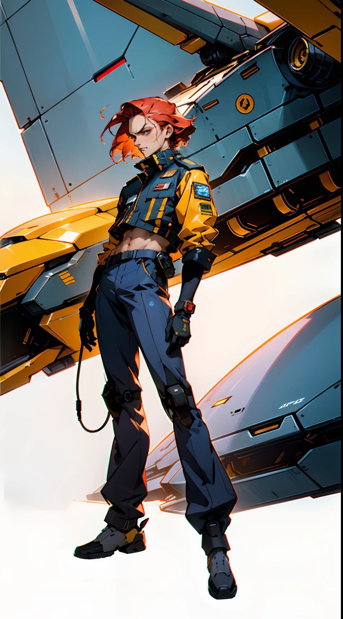 A man with short red-gold hair, hair slicked back, thick and disheveled hair, a cold and ruthless gaze, a confident expression, wears a two-piece futuristic military-style uniform, primarily in shades of white and red, accented by touches of yellow, streamlined wristguard gloves, matching trousers, he stands in a futuristic sci-fi-style hangar housing a colossal mech, stands within a futuristic sci-fi hangar, where a colossal mech is stationed, this character embodies a finely crafted futuristic military officer in anime style, characterized by an exquisite and mature manga illustration art style, high definition, best quality, highres, ultra-detailed, ultra-fine painting, extremely delicate, professional, anatomically correct, symmetrical face, extremely detailed eyes and face, high quality eyes, creativity, RAW photo, UHD, 8k, Natural light, cinematic lighting, masterpiece:1.5