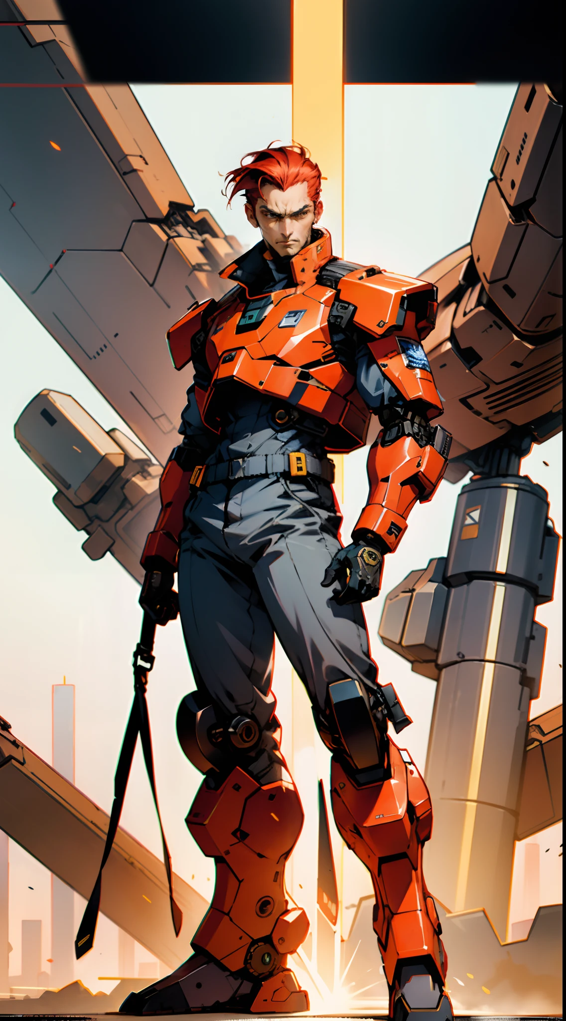 A man with short red-gold hair, hair slicked back, thick and disheveled hair, a cold and ruthless gaze, a confident expression, wears a two-piece futuristic military-style uniform, primarily in shades of white and red, accented by touches of yellow, streamlined wristguard gloves, matching trousers, he stands in a futuristic sci-fi-style hangar housing a colossal mech, stands within a futuristic sci-fi hangar, where a colossal mech is stationed, this character embodies a finely crafted futuristic military officer in anime style, characterized by an exquisite and mature manga illustration art style, high definition, best quality, highres, ultra-detailed, ultra-fine painting, extremely delicate, professional, anatomically correct, symmetrical face, extremely detailed eyes and face, high quality eyes, creativity, RAW photo, UHD, 8k, Natural light, cinematic lighting, masterpiece:1.5