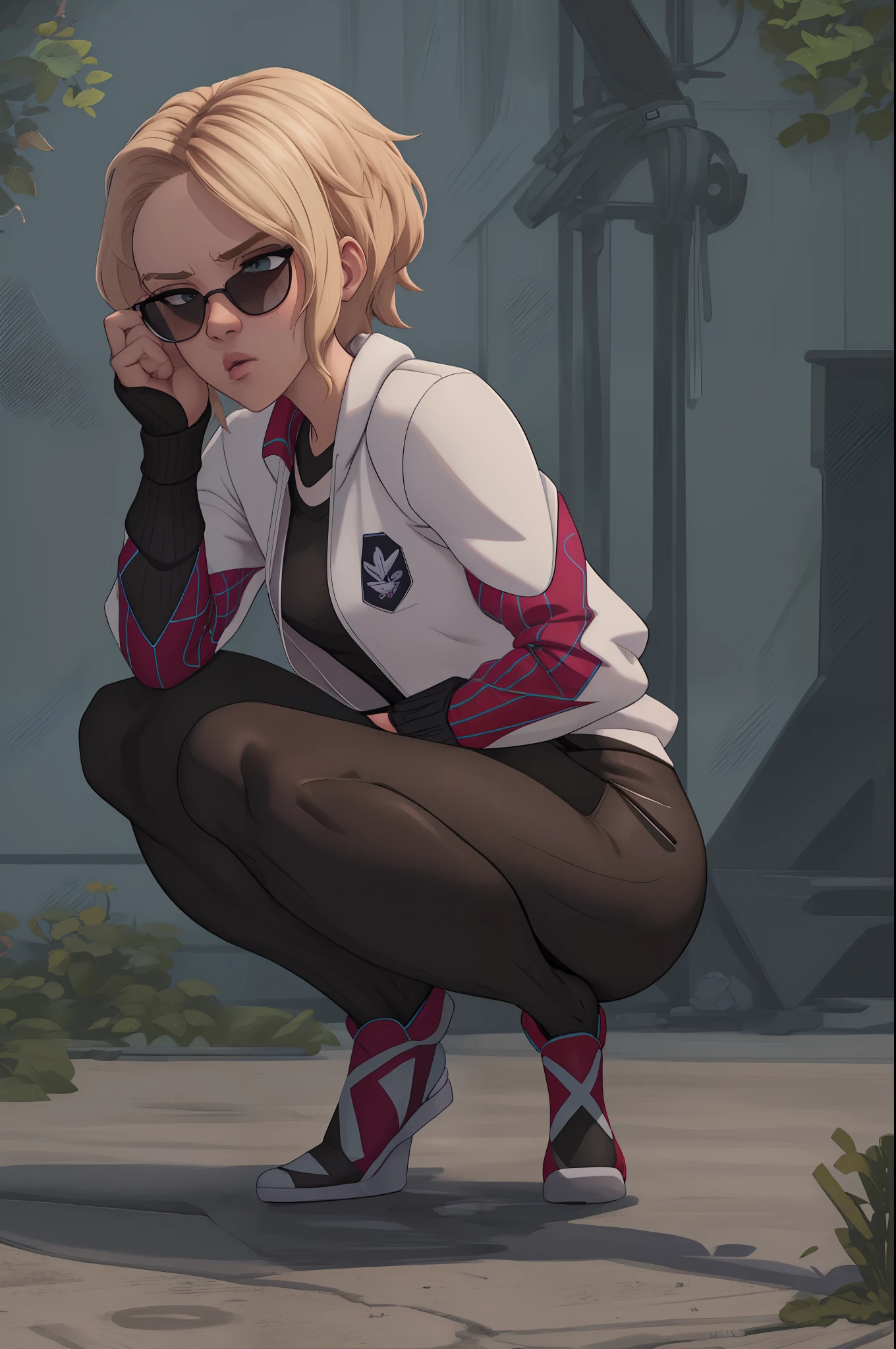 a very  confidant badass arrogant cocky boss bitch attitude gwen stacy wearing adidas tracksuit slav squatting with both of her hands in her pants pockets with a mean face incrsdealwithit
sunglasses