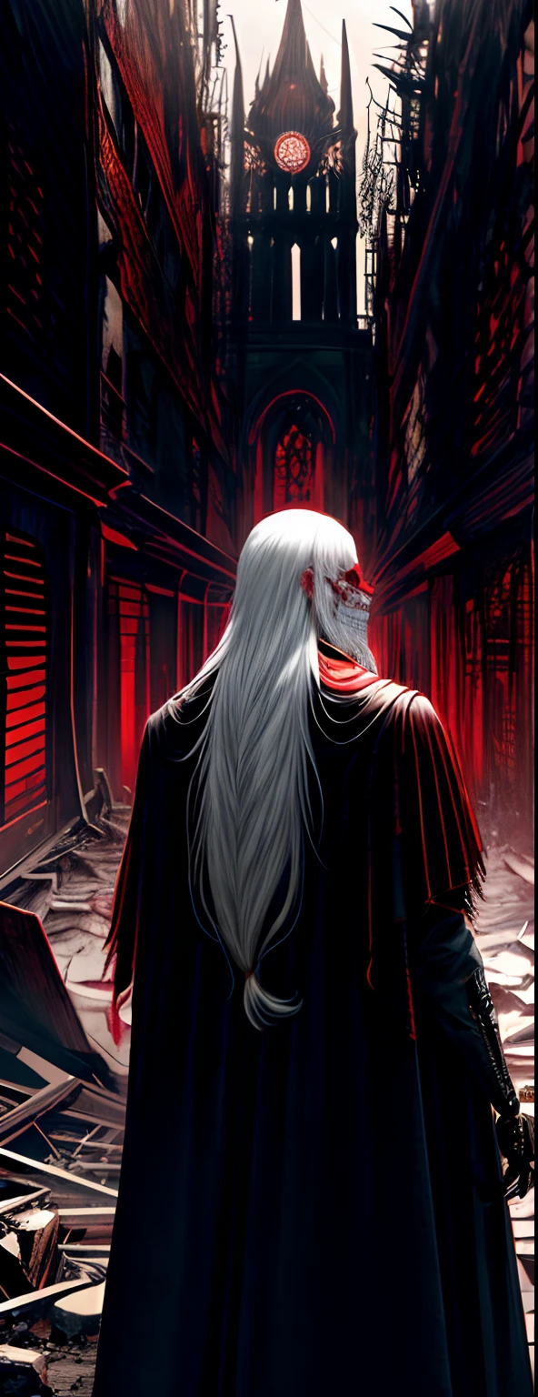 1male people, Long white hair, Red eyes, (uncle_Shot:1.2), Face focus, Back shadow，Back view, side locks,collapse，Wearing a cape, He walked forward，It is surrounded by ruins，There is a terrifying tower ahead, Moonshine is blood-red，Overall cool tones，Moody, Darkness, ,, Dusty, Post-apocalypse,, masterful, Beautiful 8k wallpaper, Extremely detailed, iintricate，Broken clothes，High gloss，A skeleton mask is worn on his face，Evil God