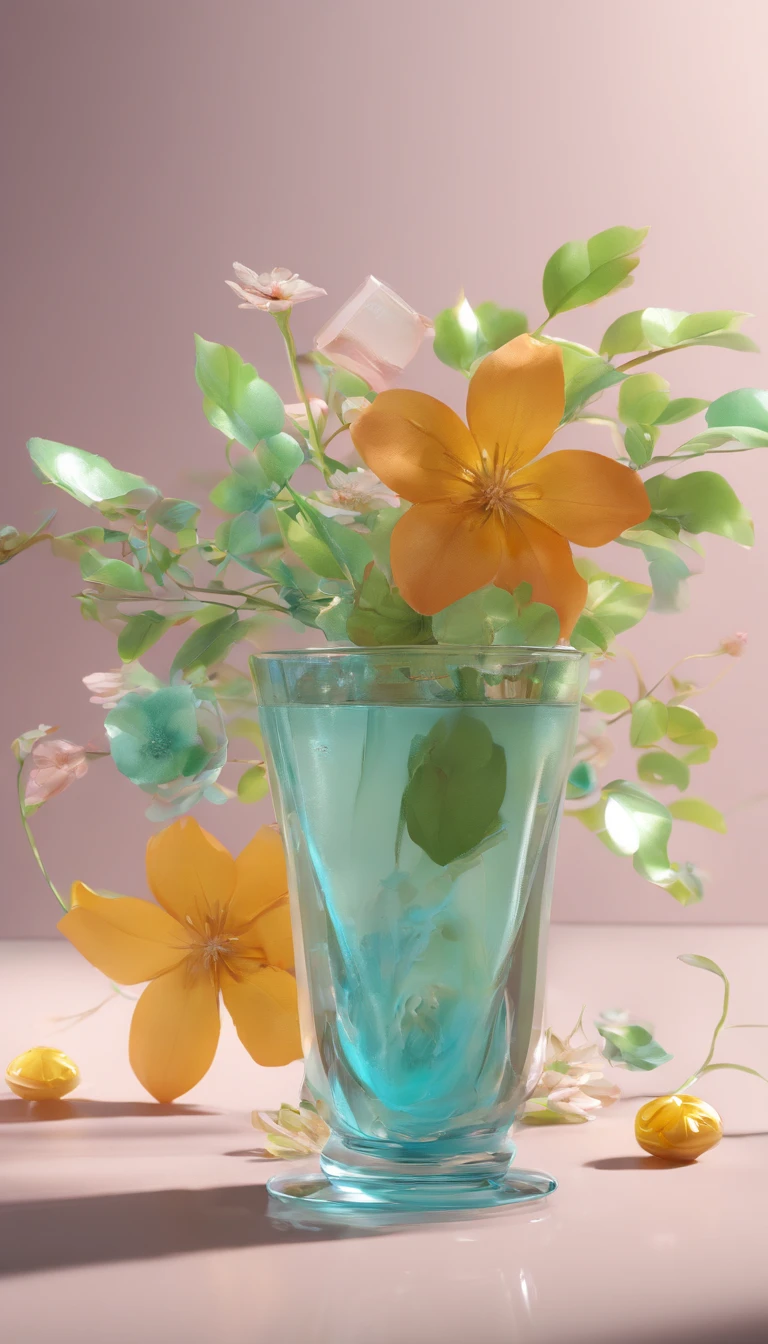Middle transparent water cup，Surrounded by a floral and botanical environment